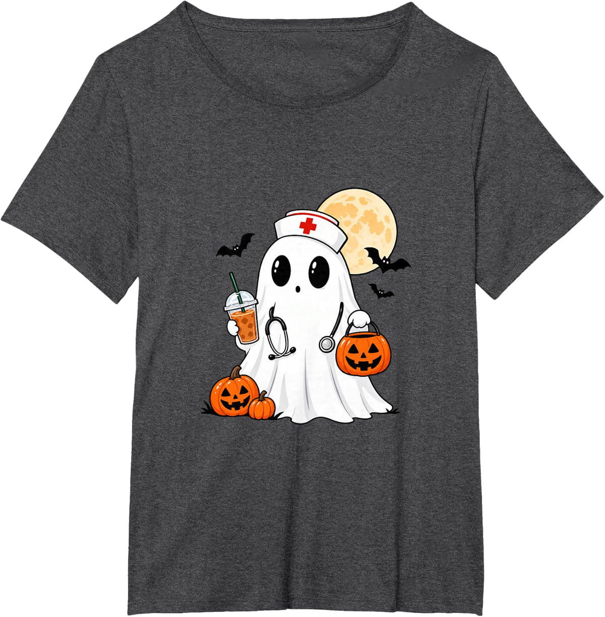 Cute Halloween Nurse Ghost Pumpkin Iced Coffee Women Graphic T-Shirt - Dark Heather Grey