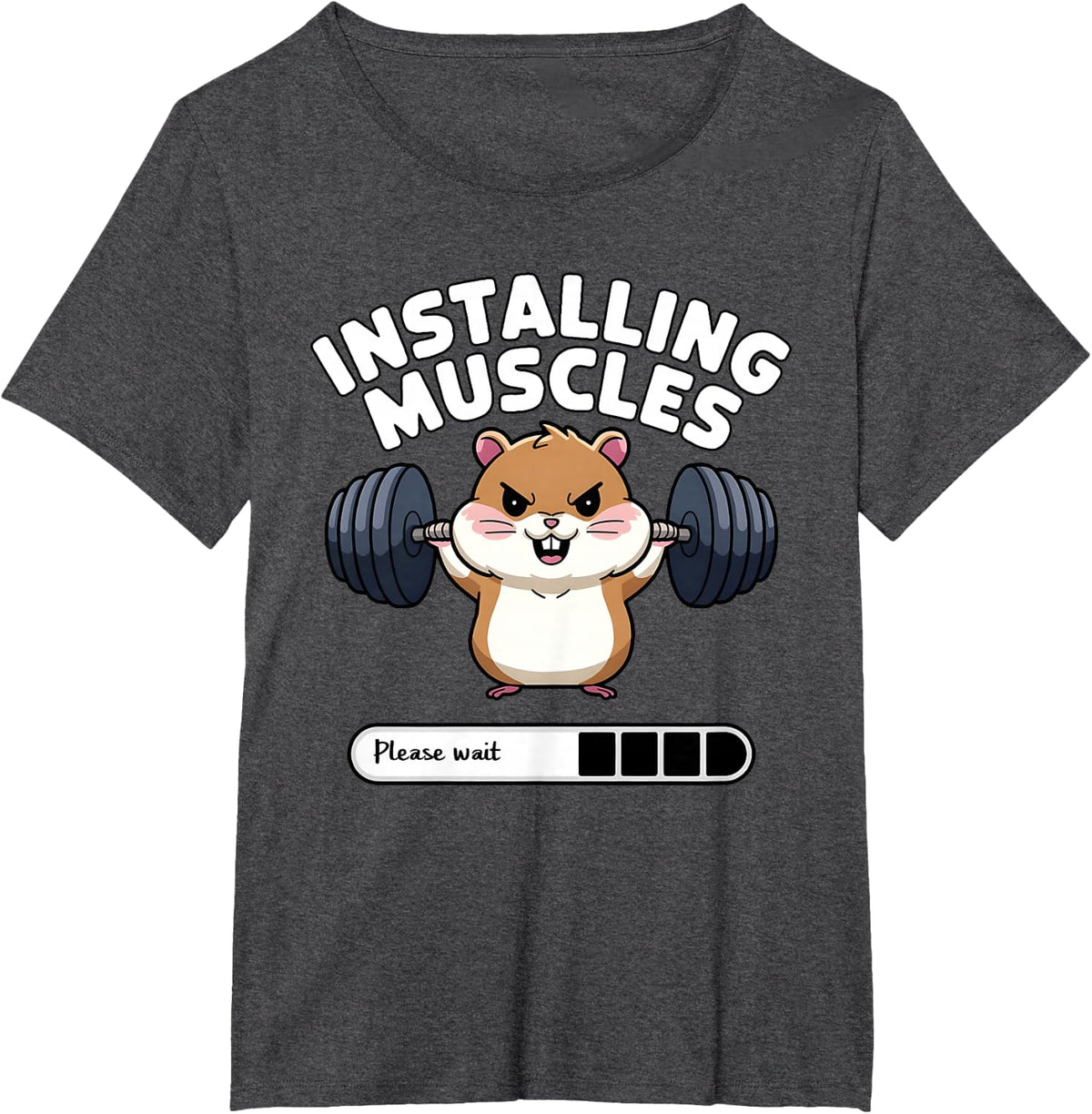 Installing Muscles Please Wait Funny Hamster Weightlifting T-Shirt - Dark Heather Grey