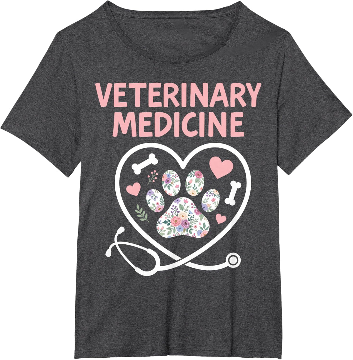 Veterinary Medicine Floral Paw Heart Veterinarian Vet Tech T-Shirt - Dark Heather Grey