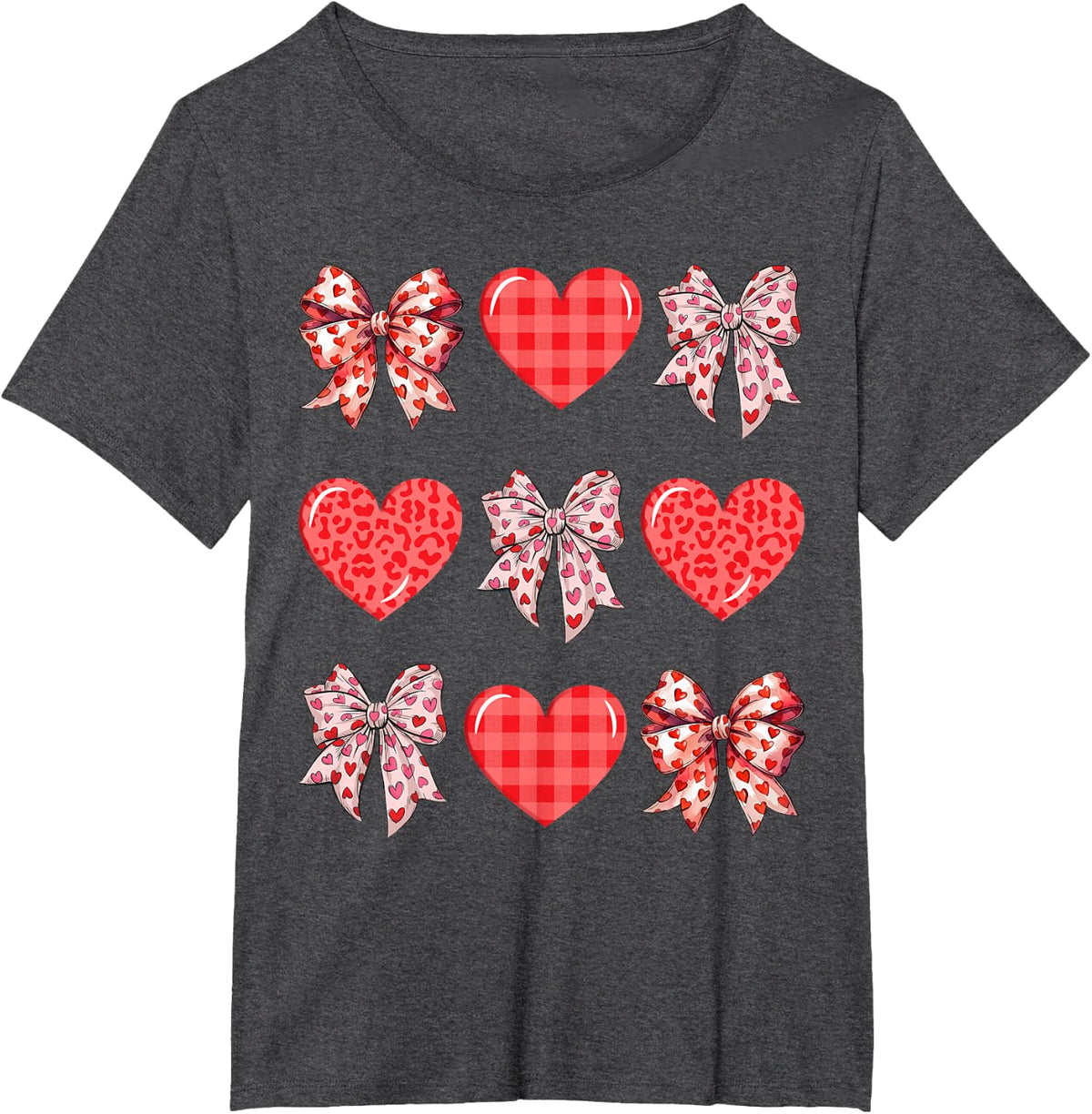 Valentine Day Hearts Leopard Coquette Bow Women Girls Boys T-Shirt - Dark Heather Grey