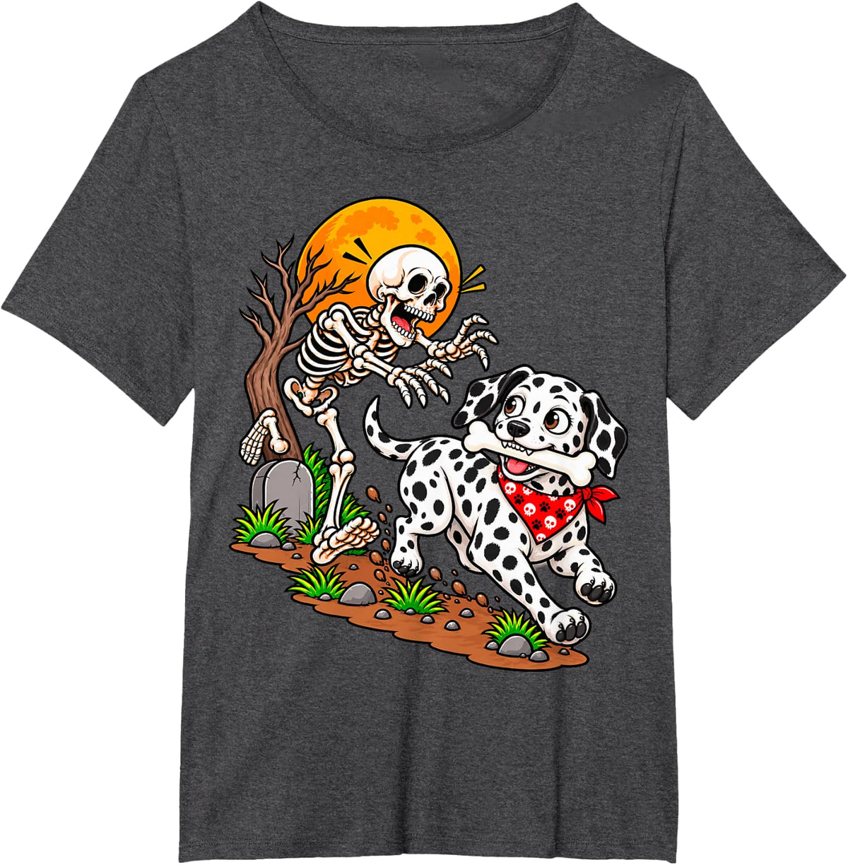 Dalmatian Dog Stealing Bone from Skeleton Halloween T-Shirt - Dark Heather Grey