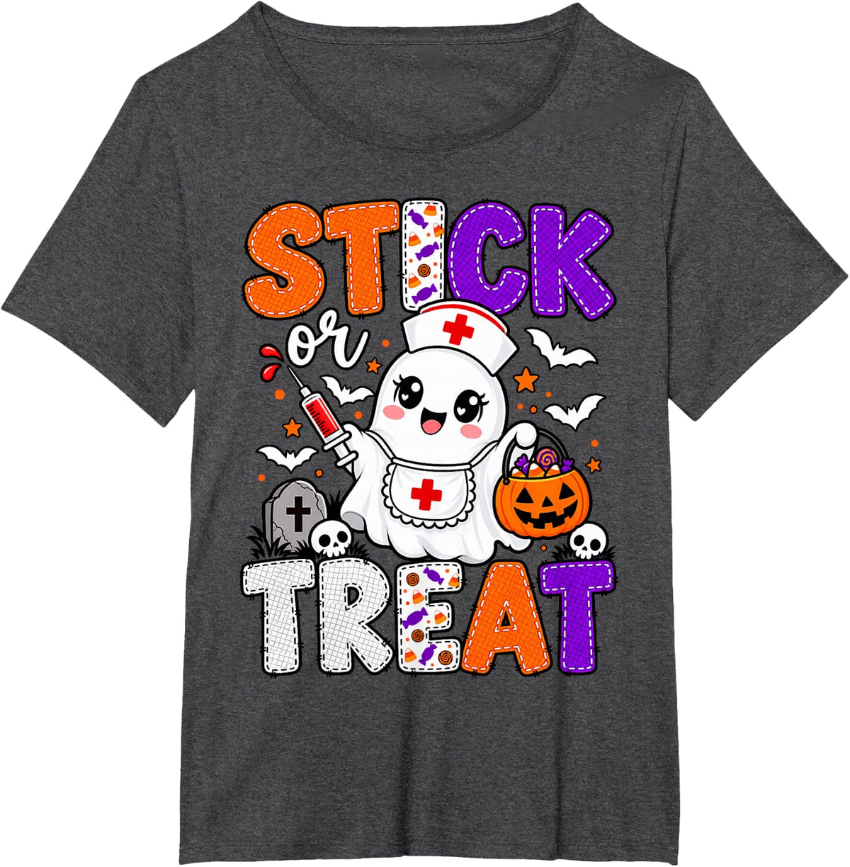 Stick Or Treat SchoolNurse Registered Medical Caregiver Girl T-Shirt - Dark Heather Grey