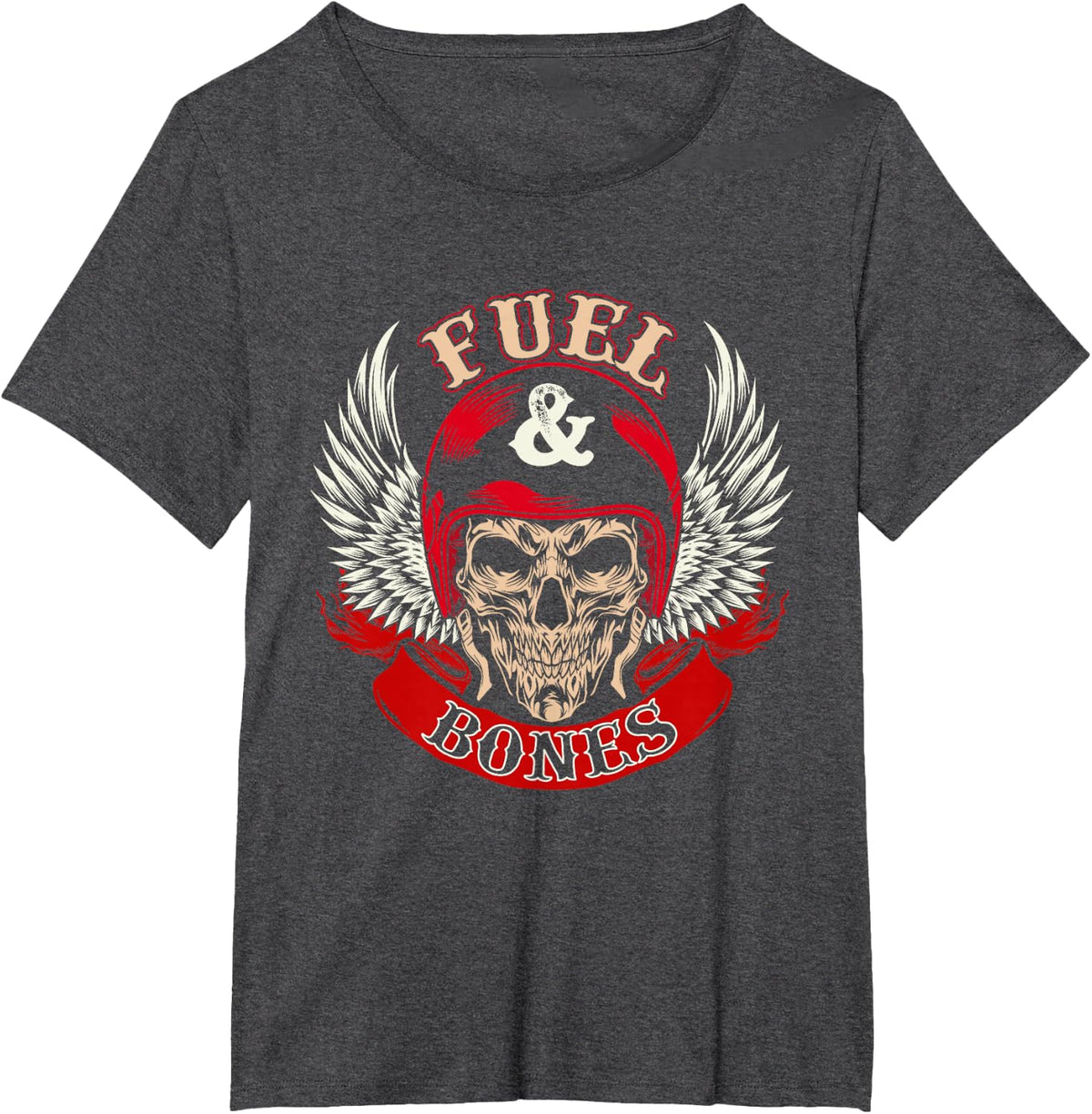 Fuel & Bones - Skull Biker Motorcycle Rider Motorbike Riding T-Shirt - Dark Heather Grey