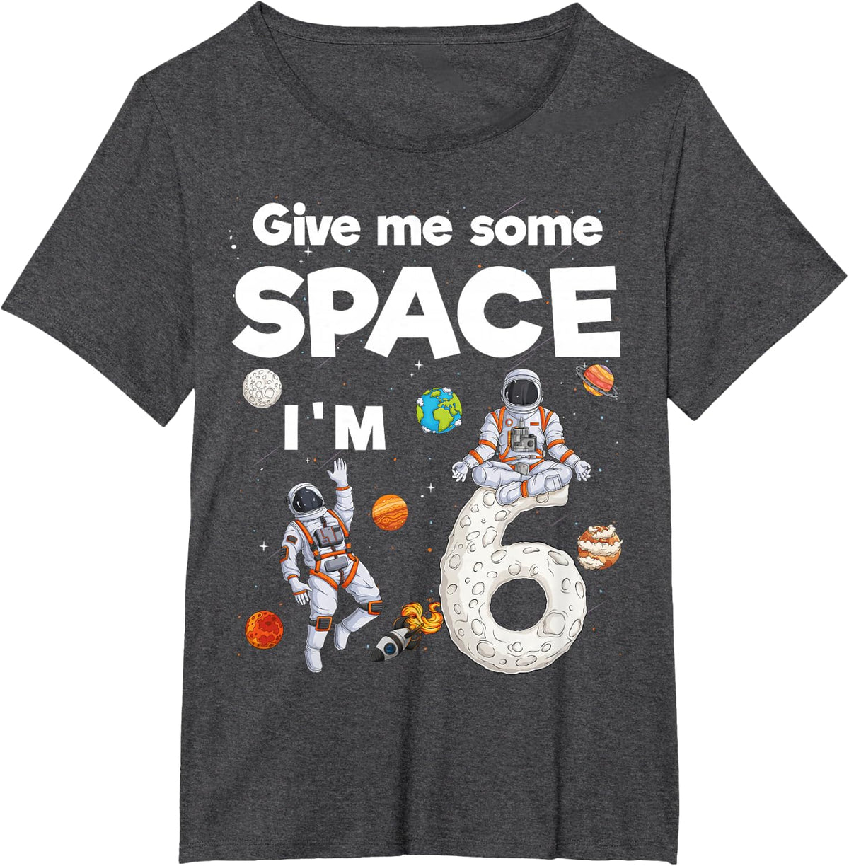 Outer Space Astronaut Planets Six Year Old 6th Birthday Kids T-Shirt - Dark Heather Grey