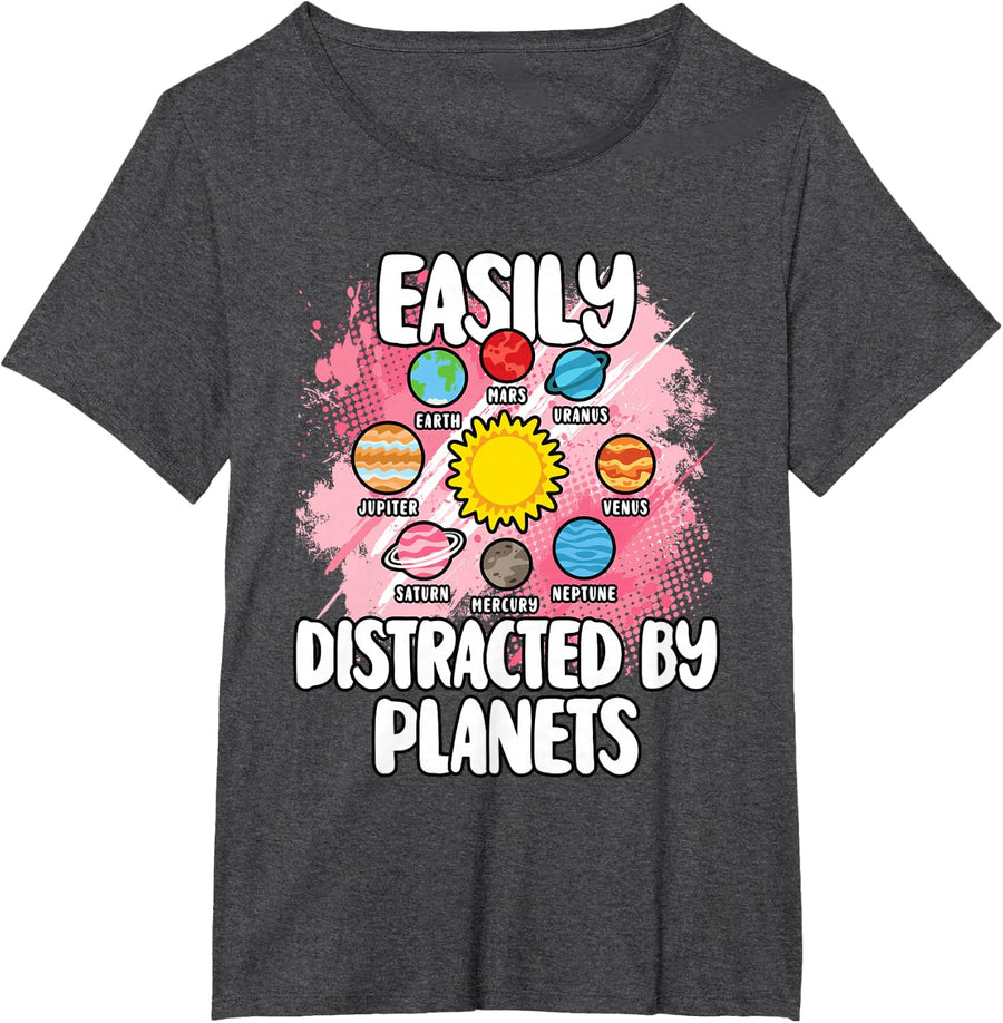 Easily Distracted By Planets Solar System Astronomy Women T-Shirt - Dark Heather Grey