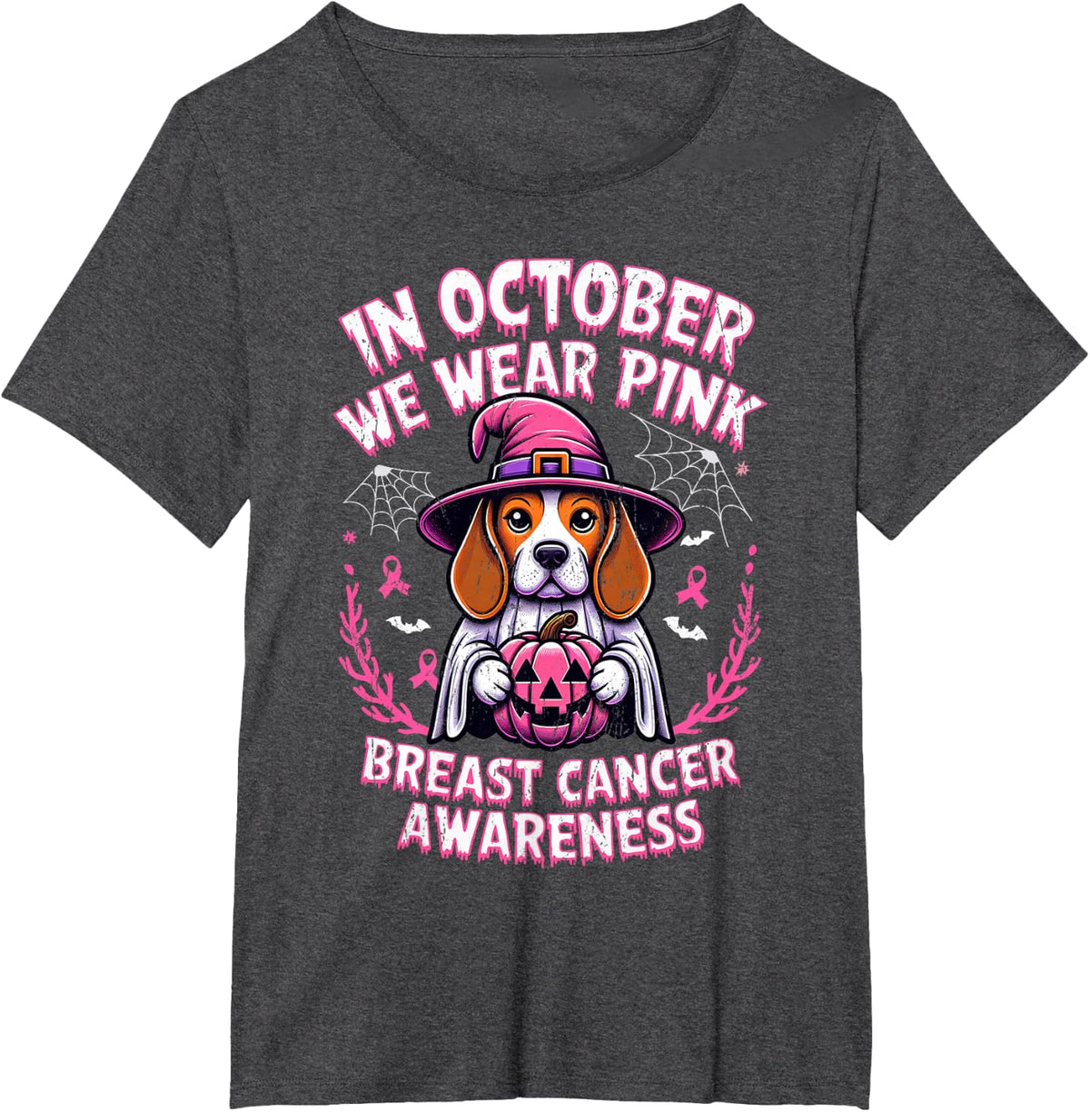In October We Wear Pink Ghost Beagle Dog Breast Cancer T-Shirt - Dark Heather Grey