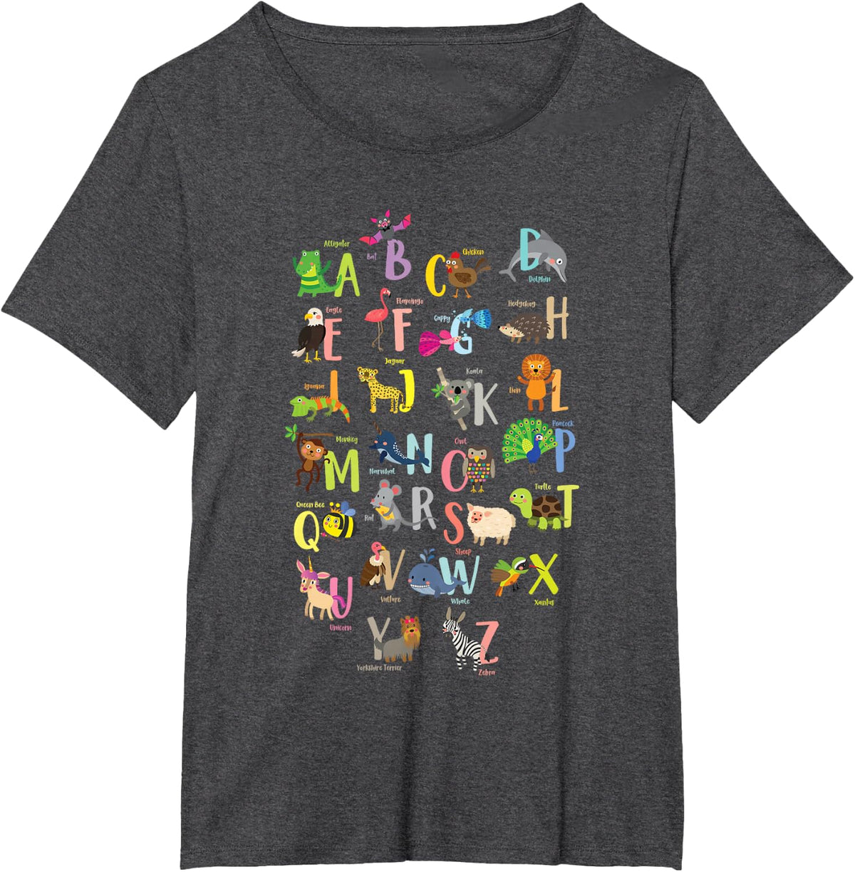 Alphabet Animals Cute ABC Learning Study Learning T-Shirt - Dark Heather Grey