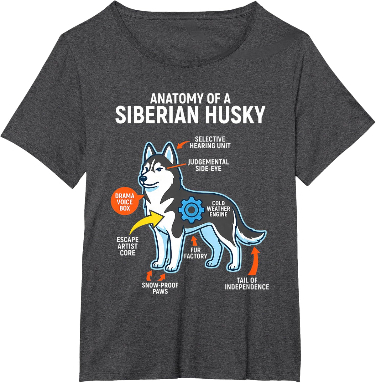 Siberian Husky Anatomy Diagram T-Shirt - Dark Heather Grey