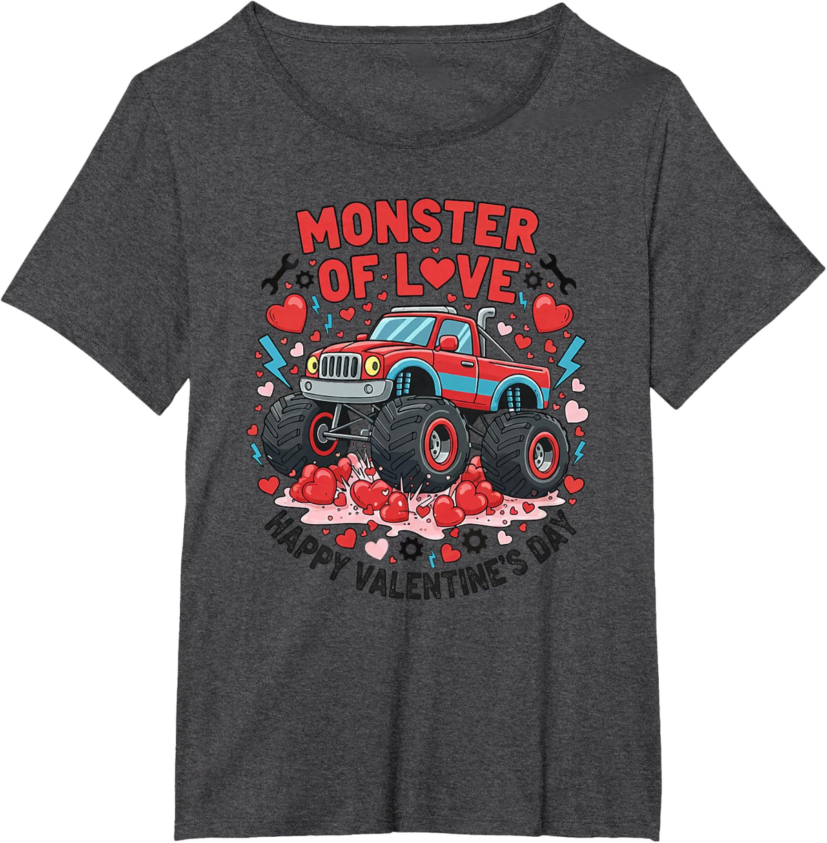 Monster of Love Boys Girls Valentines Day Monster Truck T-Shirt - Dark Heather Grey