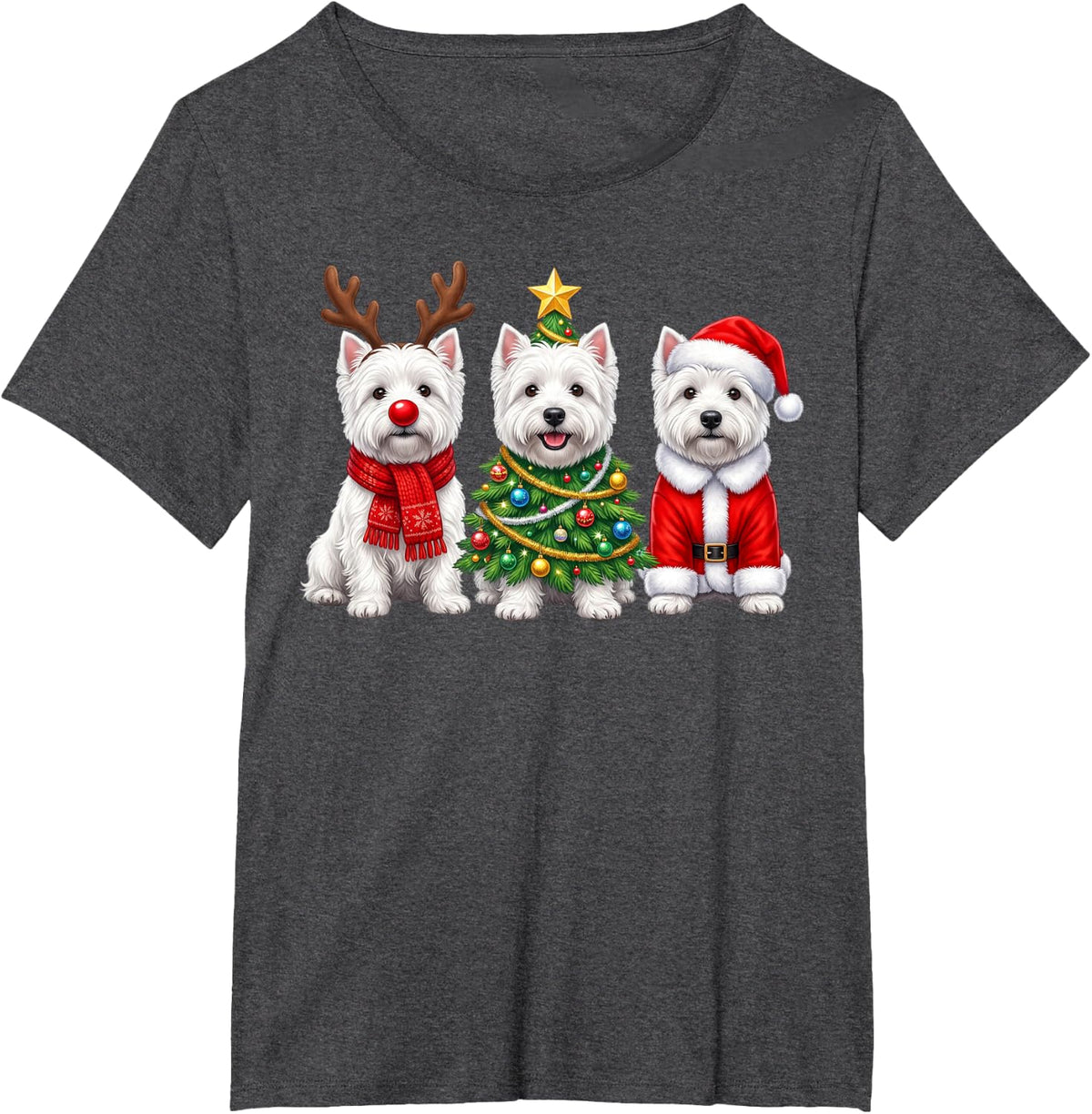 Retro Christmas West Highland White Terriers Santa Reindeer T-Shirt - Dark Heather Grey