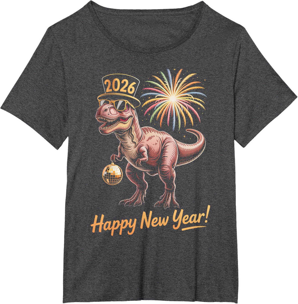 Happy New Year 2026 Dinosaur Funny Dino Tee for Adults Kids T-Shirt - Dark Heather Grey