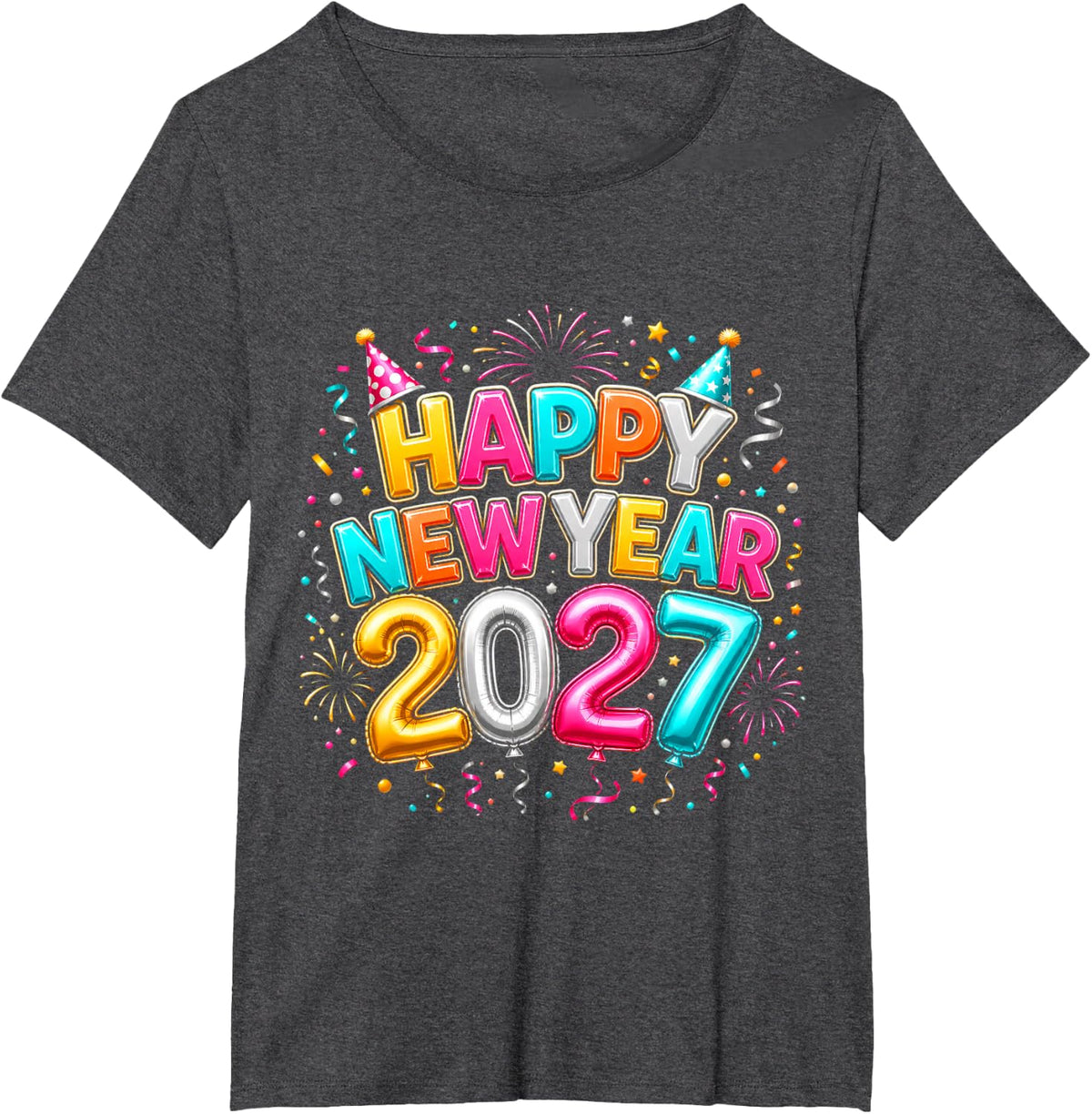 Happy New Year 2027 Balloon Fireworks T-Shirt - Dark Heather Grey