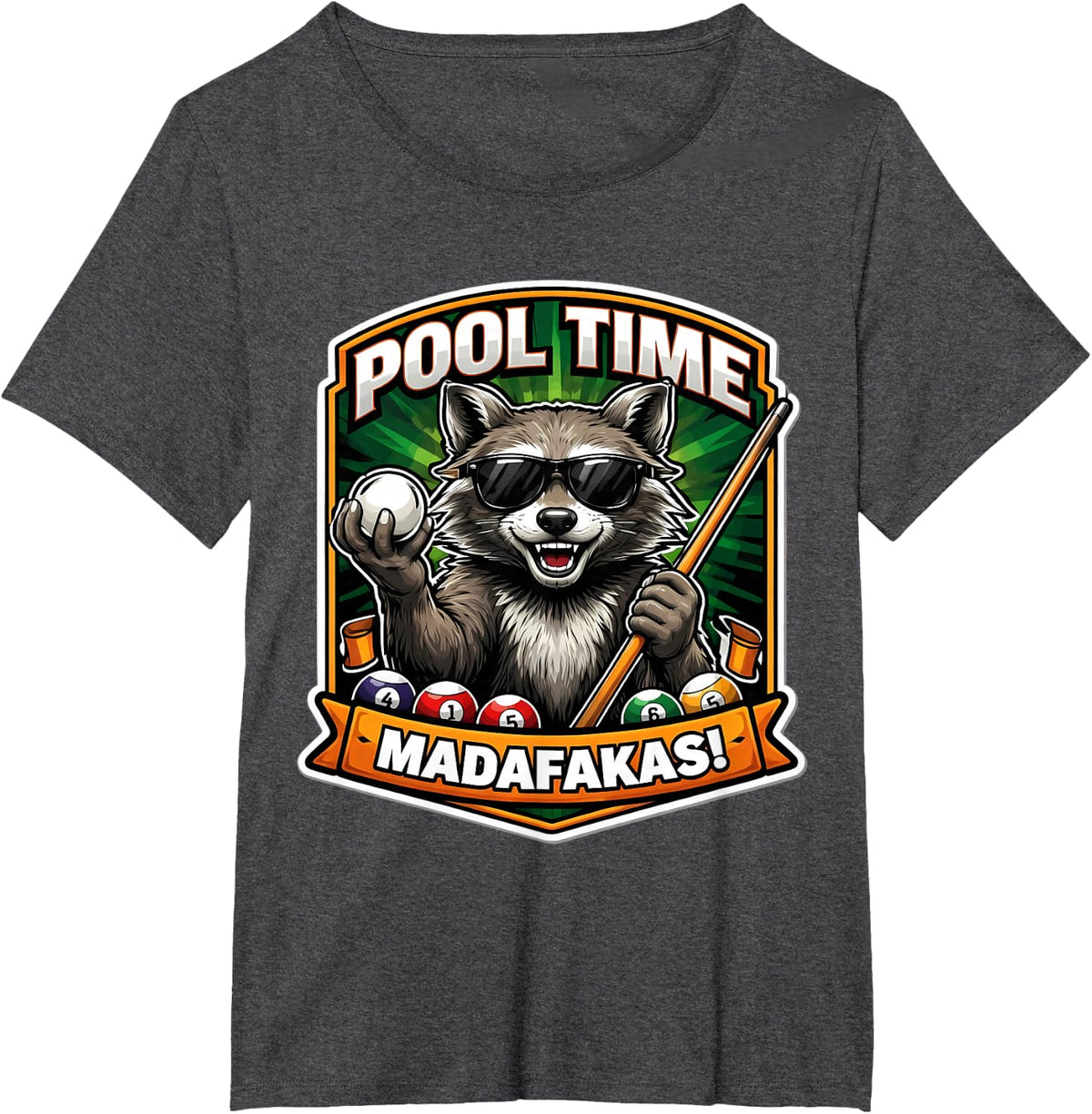 Pool Time Madafakas Funny Raccoon Billiards Player Lover Gag T-Shirt - Dark Heather Grey