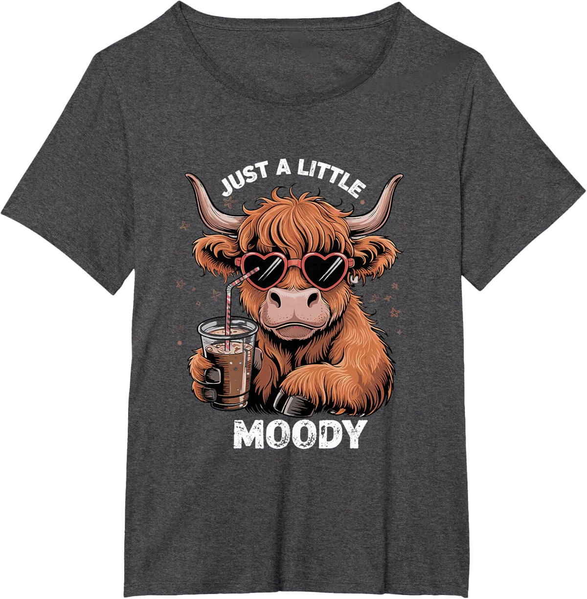 Just Little Moody Funny Farmer Cow Coffee Highland T-Shirt - Dark Heather Grey