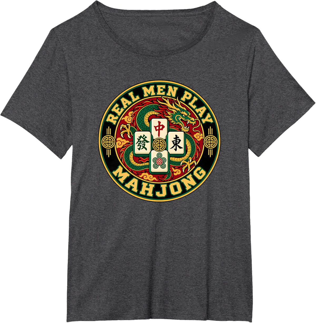 Real Men Play Mahjong Dragon Tile Player T-Shirt - Dark Heather Grey