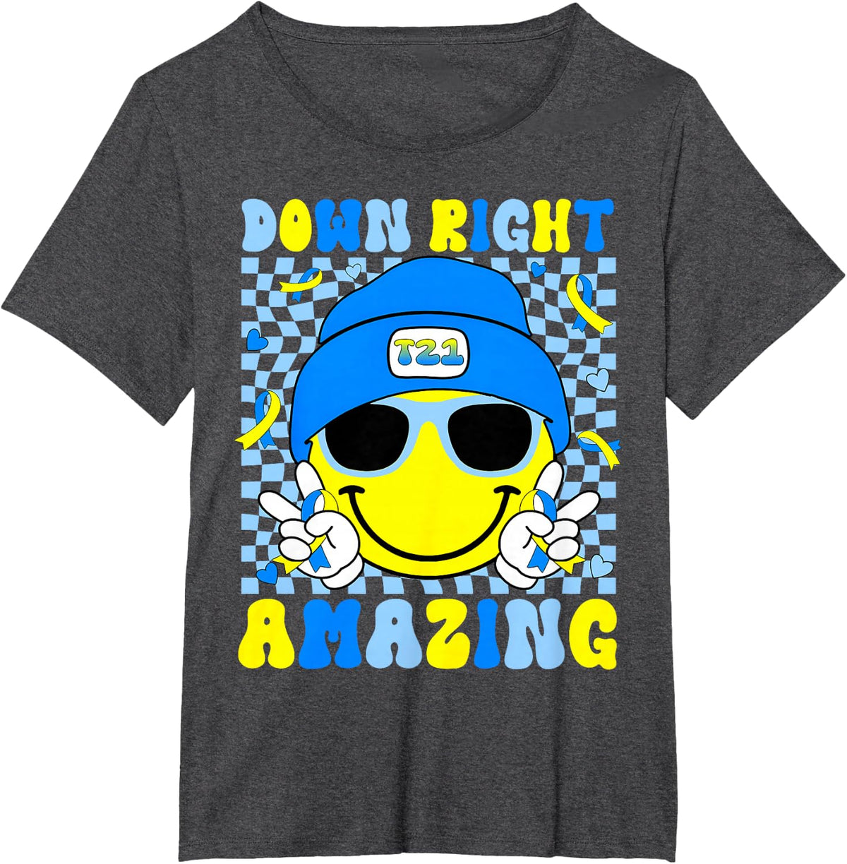 Down Right Amazing T21 Down Awareness Smile Face Boy Girl T-Shirt - Dark Heather Grey