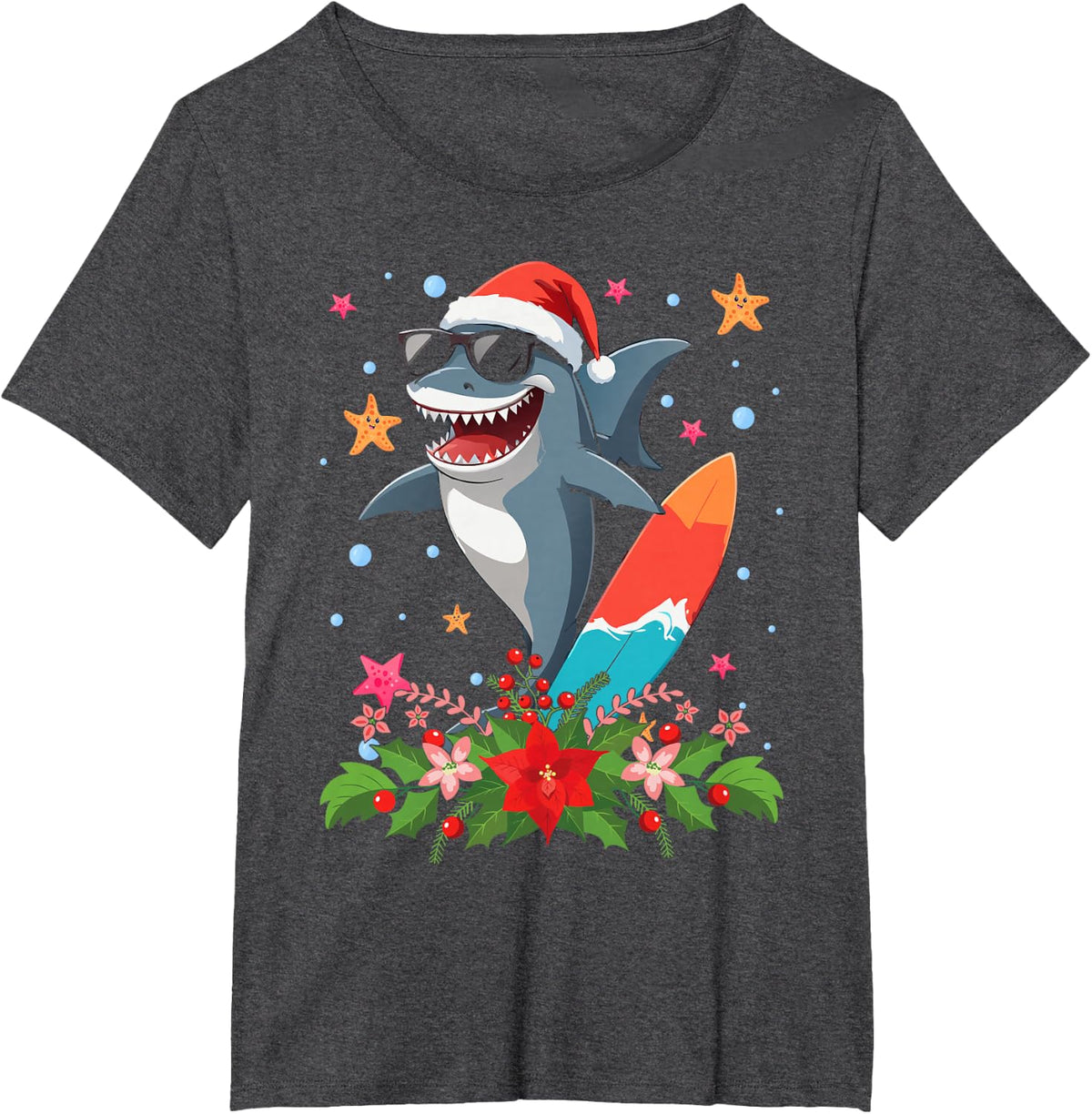 Funny Shark Hawaiian Summer Surfing Shark Christmas in July T-Shirt - Dark Heather Grey