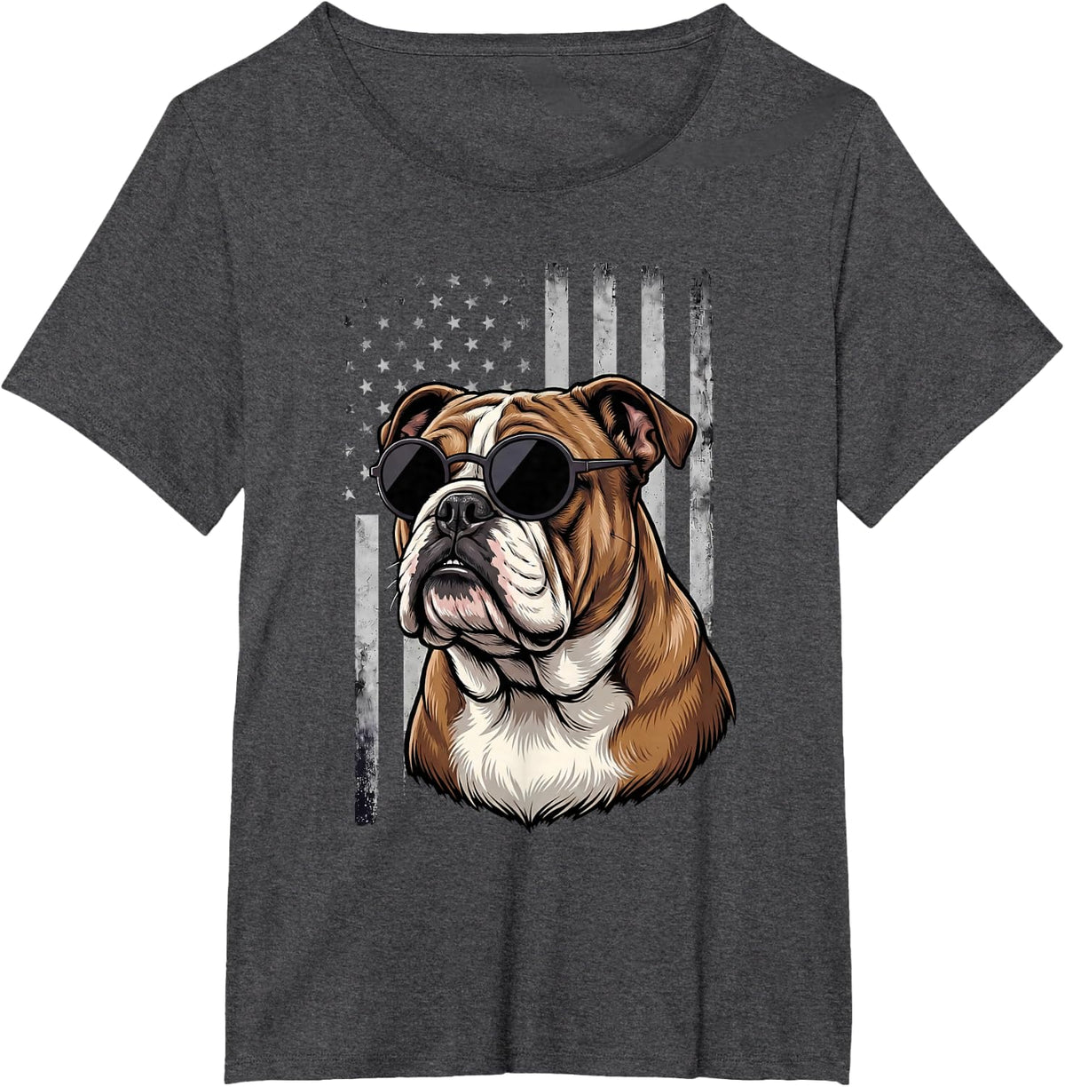 English Bulldog Dog Patriotic American Flag 4th of July USA T-Shirt - Dark Heather Grey