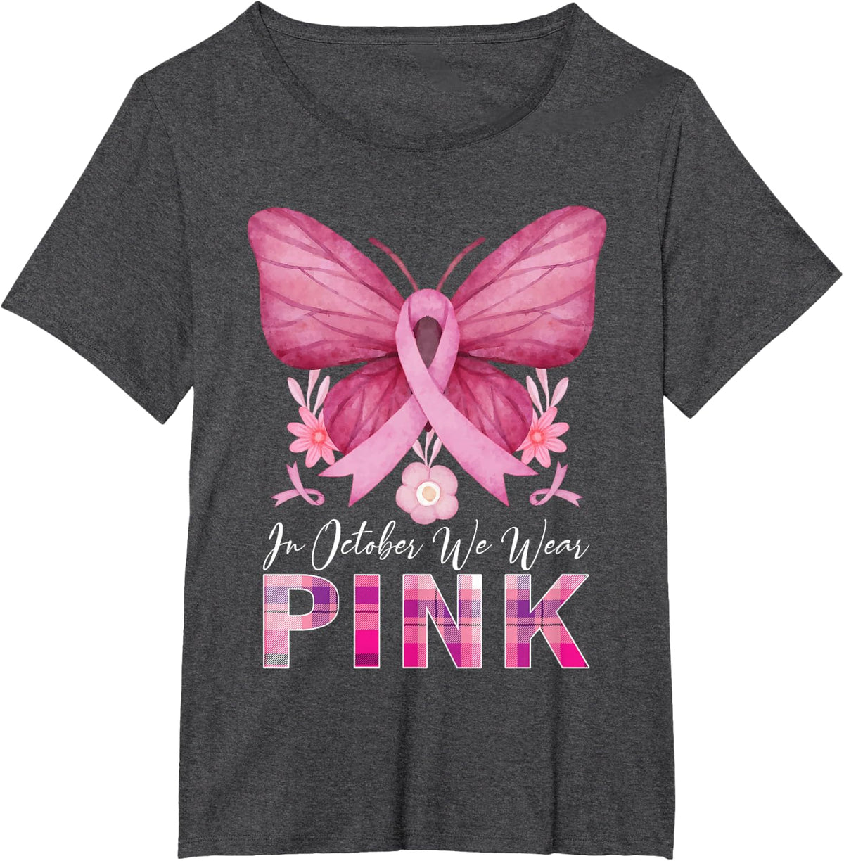 In October We Wear Pink Butterfly Breast Cancer Awareness T-Shirt - Dark Heather Grey