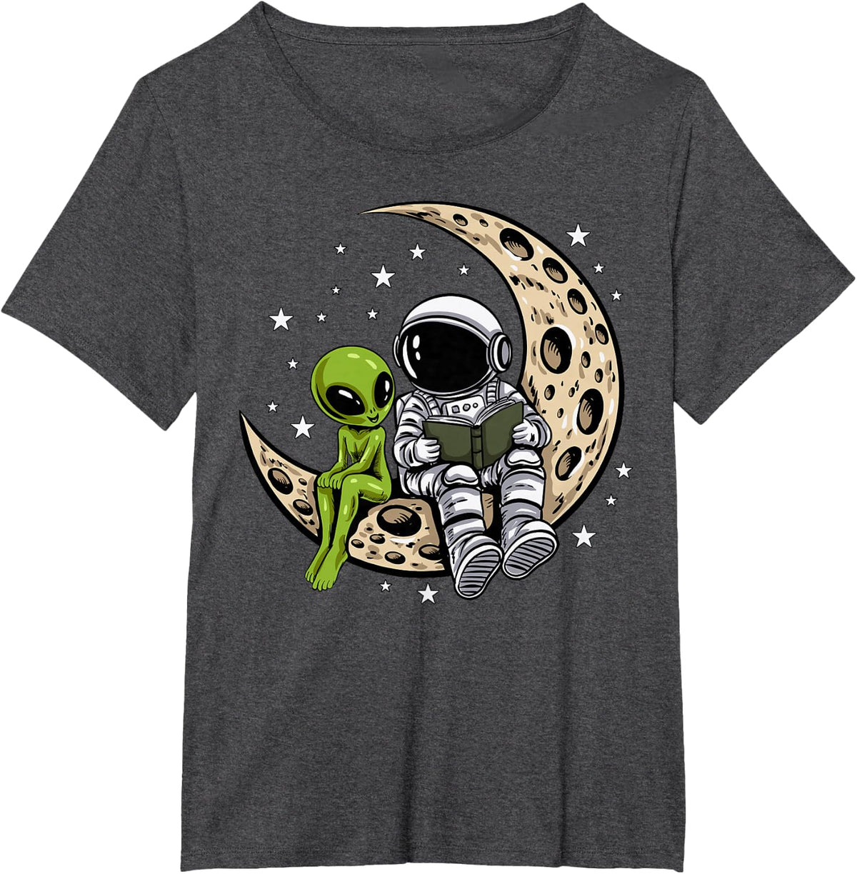 Space Astronaut Reading Book Alien UFO Moon Astronomy Galaxy T-Shirt - Dark Heather Grey