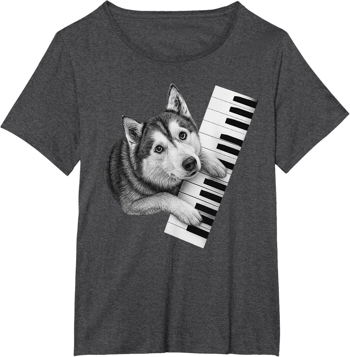 Husky Playing Piano Pianist Dog Lover T-Shirt - Dark Heather Grey
