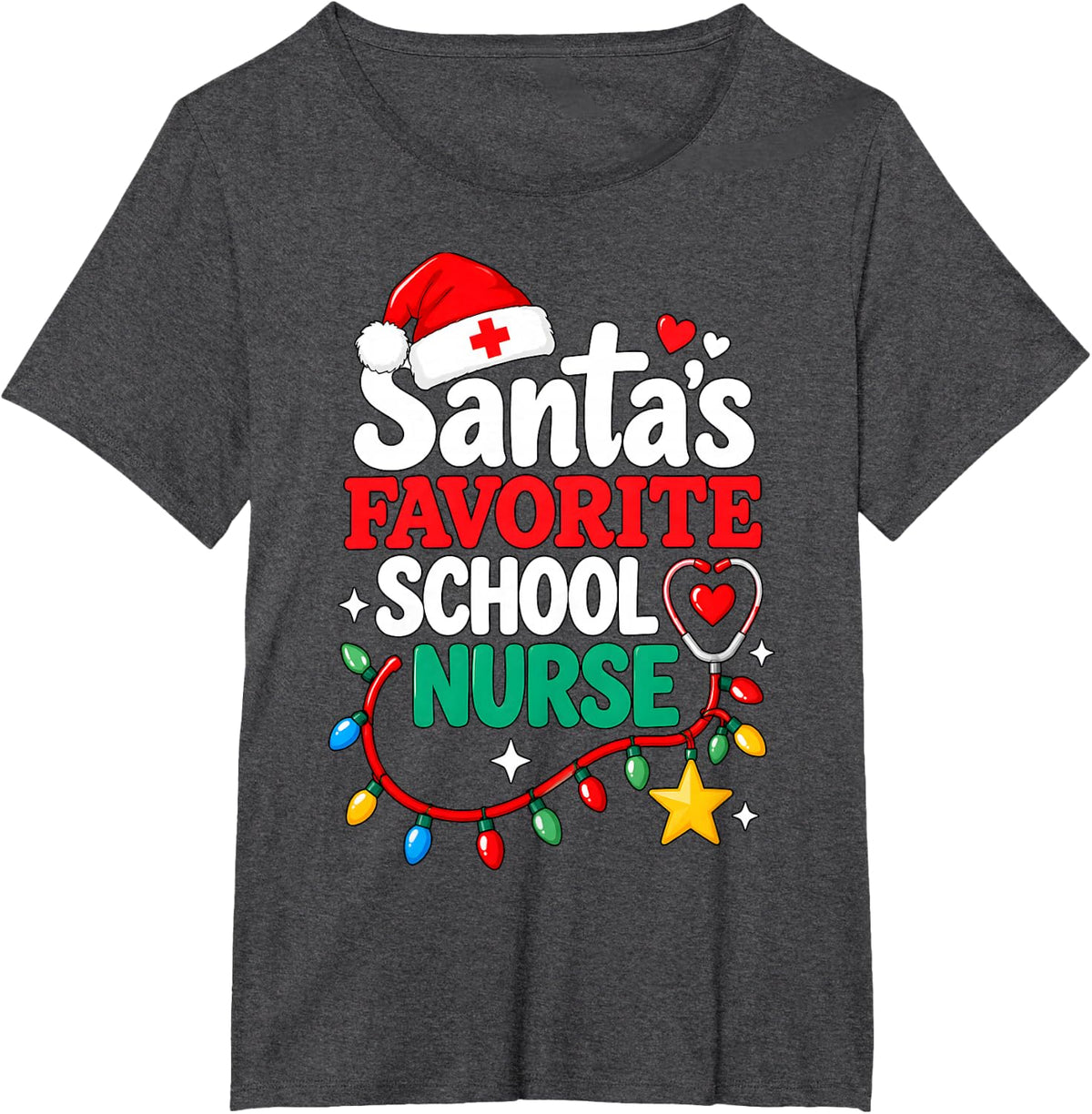 Santa's Favorite School Nurse Christmas Stethoscope T-Shirt - Dark Heather Grey