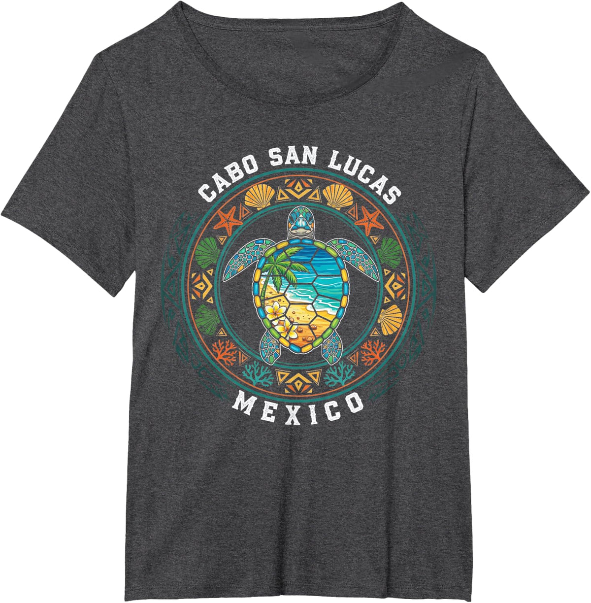 Cabo San Lucas Mexico Sea Turtle Tribal Beach Tropical Ocean T-Shirt - Dark Heather Grey