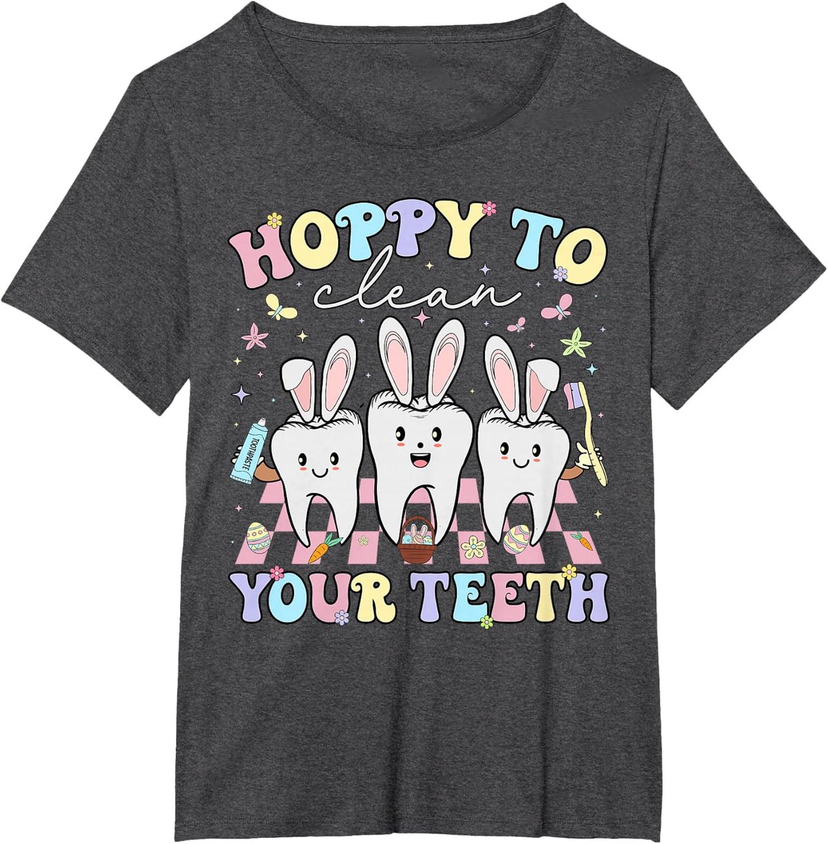 Hoppy to Clean Your Teeth Easter Dental Hygiene Squad T-Shirt - Dark Heather Grey