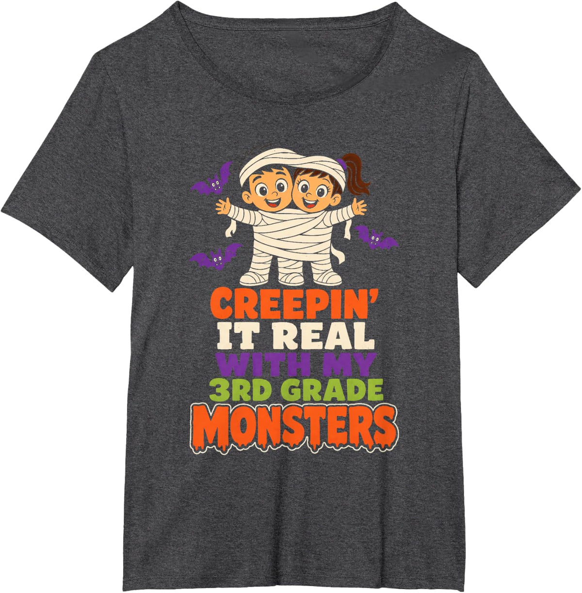 3rd Grade Teacher Halloween Monster Squad Mummy Kids T-Shirt - Dark Heather Grey