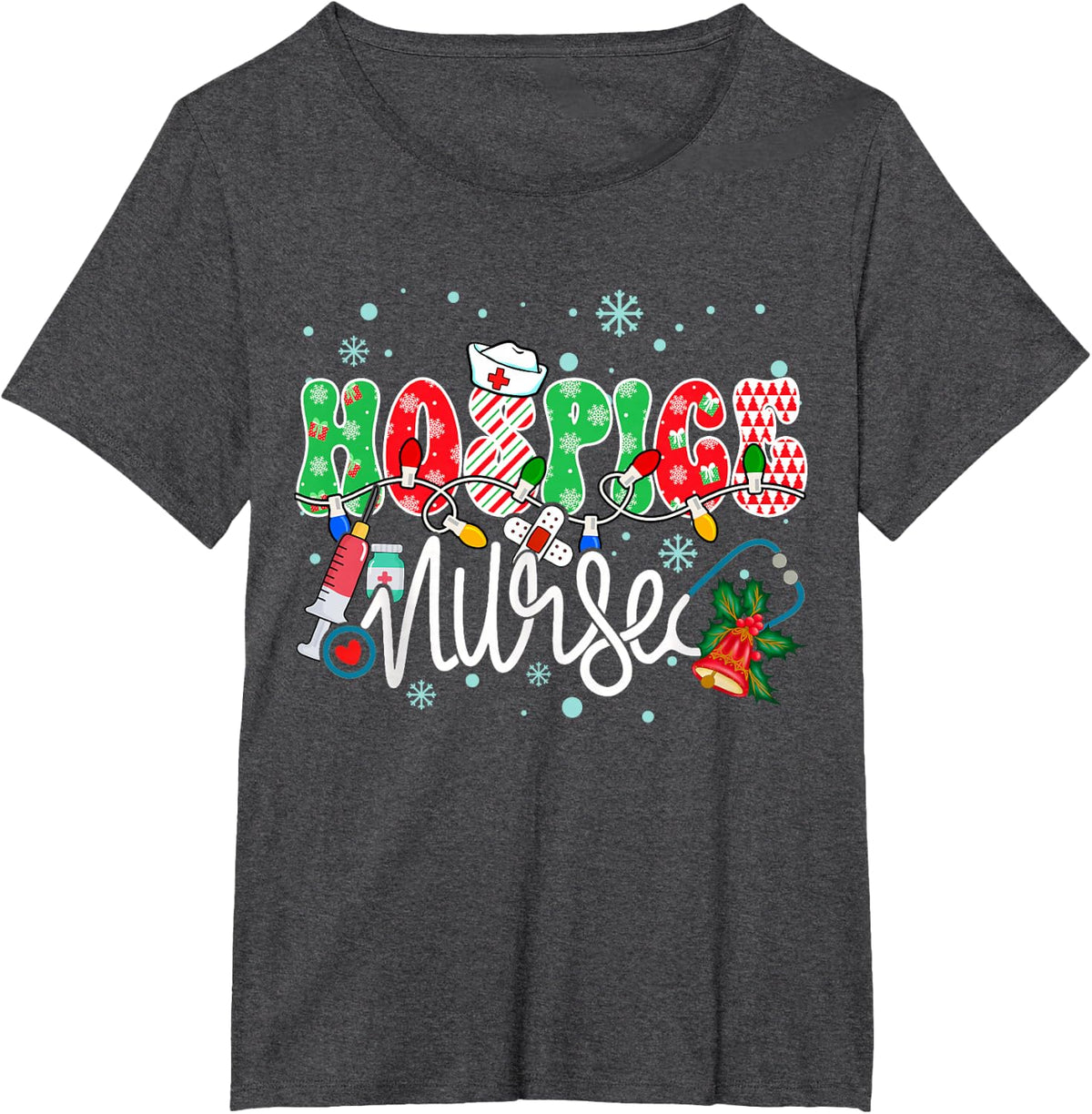 Hospice Nurse Funny Xmas Light Stethoscope Christmas Nurse T-Shirt - Dark Heather Grey