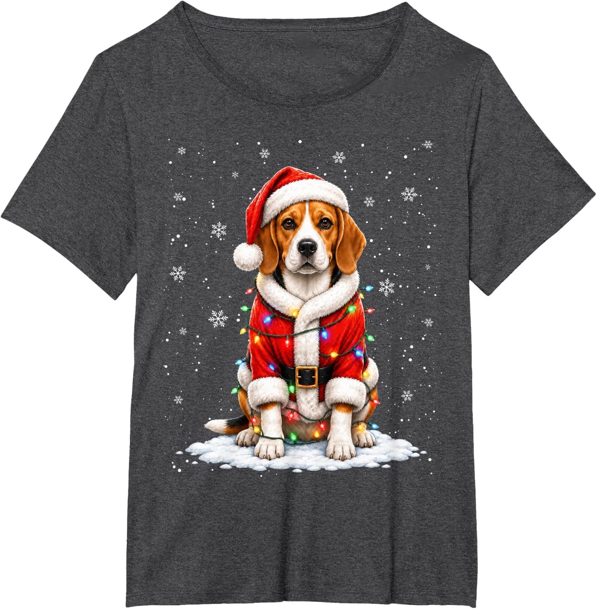 Funny Beagle Santa Christmas Lights Pajama Xmas Dog Lover T-Shirt - Dark Heather Grey