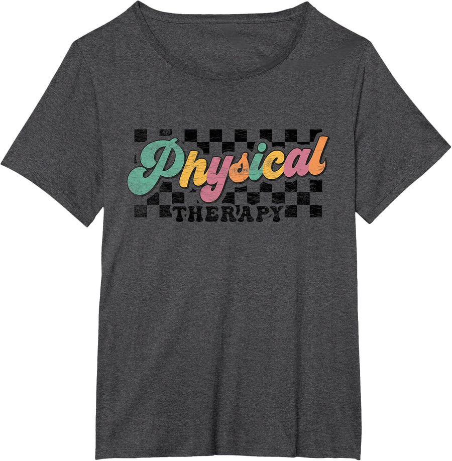 Retro Checkered Physical Therapy PT Squad Therapist T-Shirt Tee Women - Dark Heather Grey