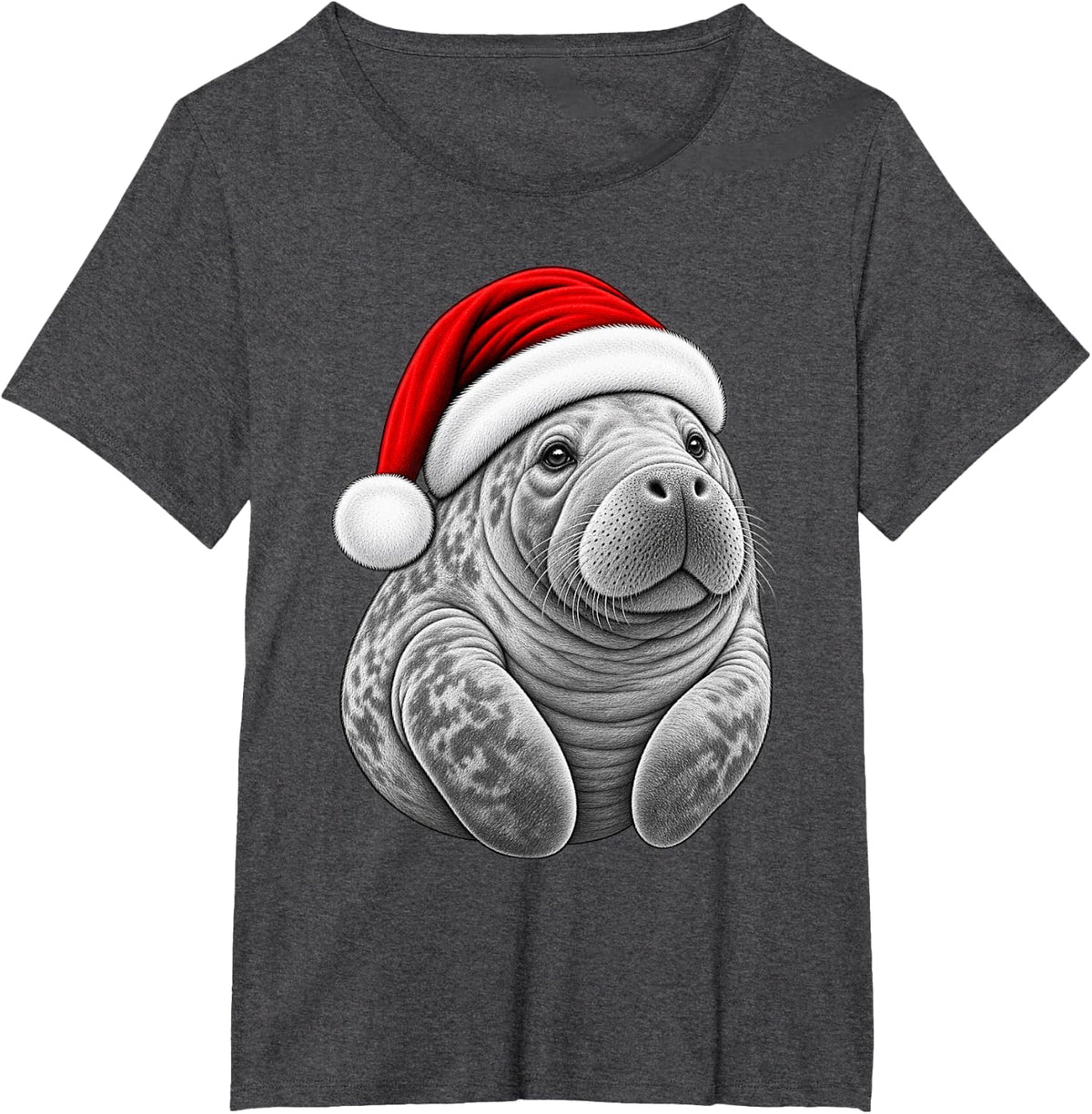 Christmas Santa Hat Manatee Cute Animal Xmas T-Shirt - Dark Heather Grey