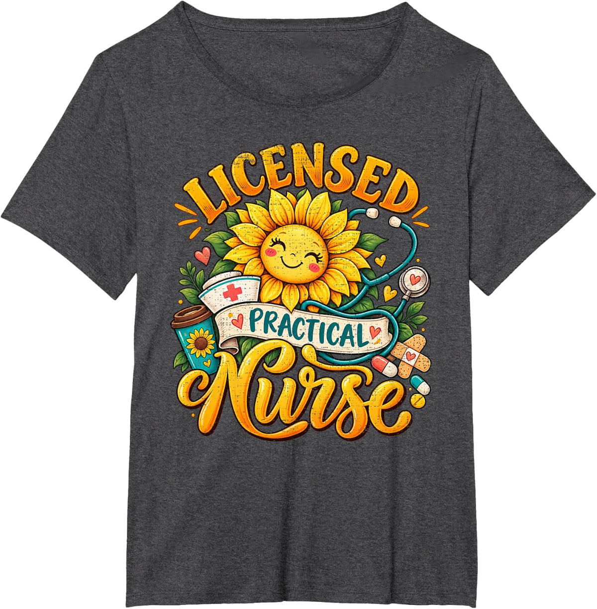 Licensed Practical Nurse Sunflower Stethoscope Floral LPN T-Shirt - Dark Heather Grey