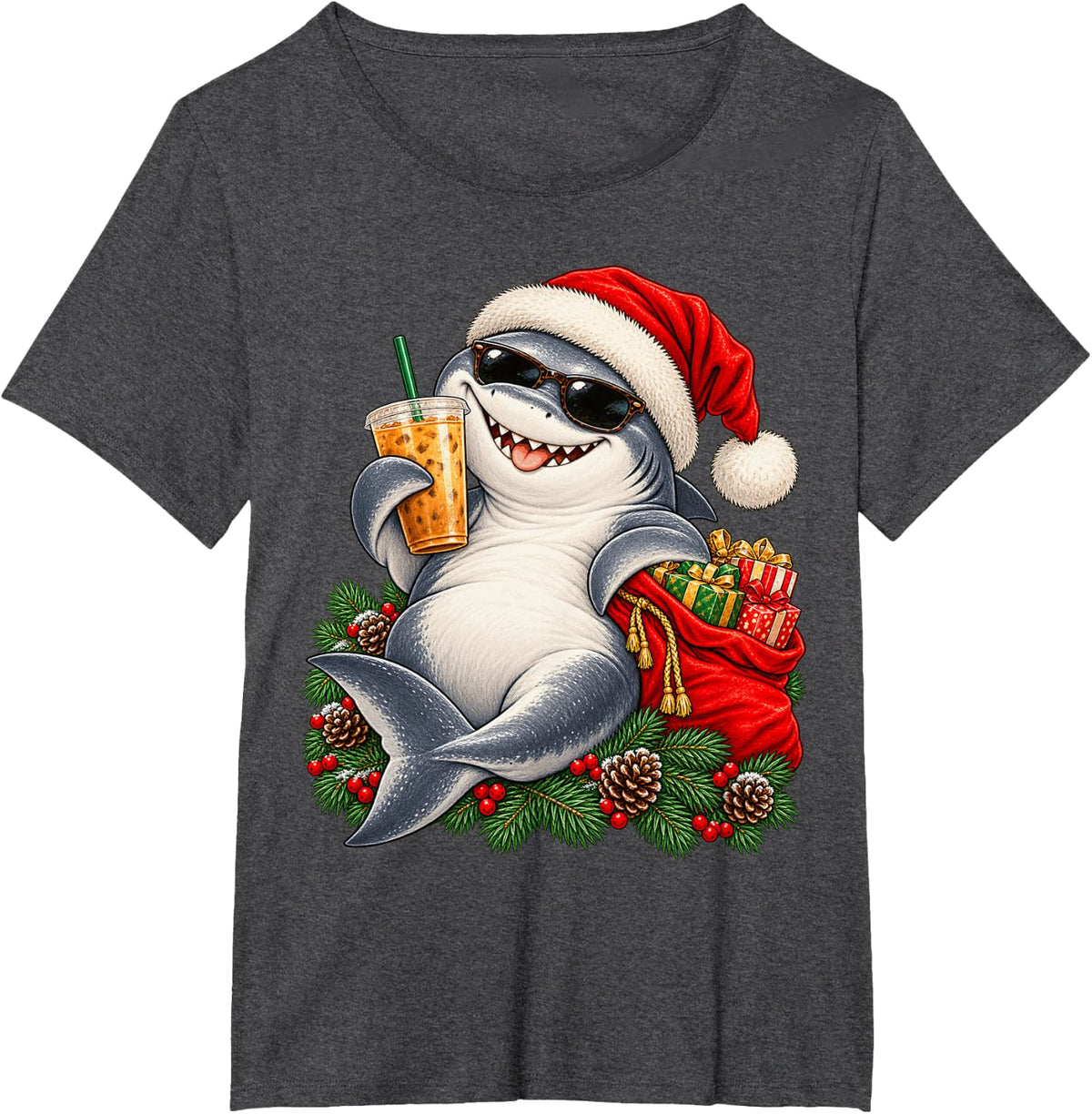 Smiling Shark Christmas Iced Coffee Sunglasses Holiday Funny T-Shirt - Dark Heather Grey