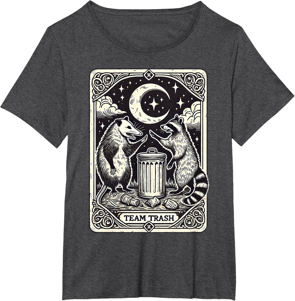 Tarot Card Vintage Team Trash Crescent Moon Opossum Raccoon T-Shirt - Dark Heather Grey
