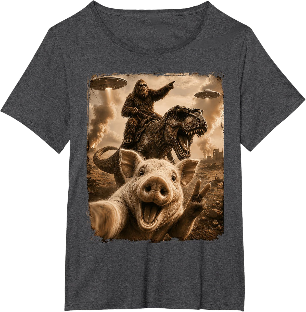 Pig Selfie Bigfoot T Rex UFO Funny Men Women Kid Humor T-Shirt - Dark Heather Grey