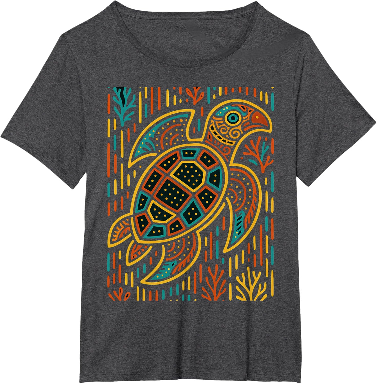 Sea Turtle Inspired by Mola Artwork of Panama Kuna T-Shirt - Dark Heather Grey