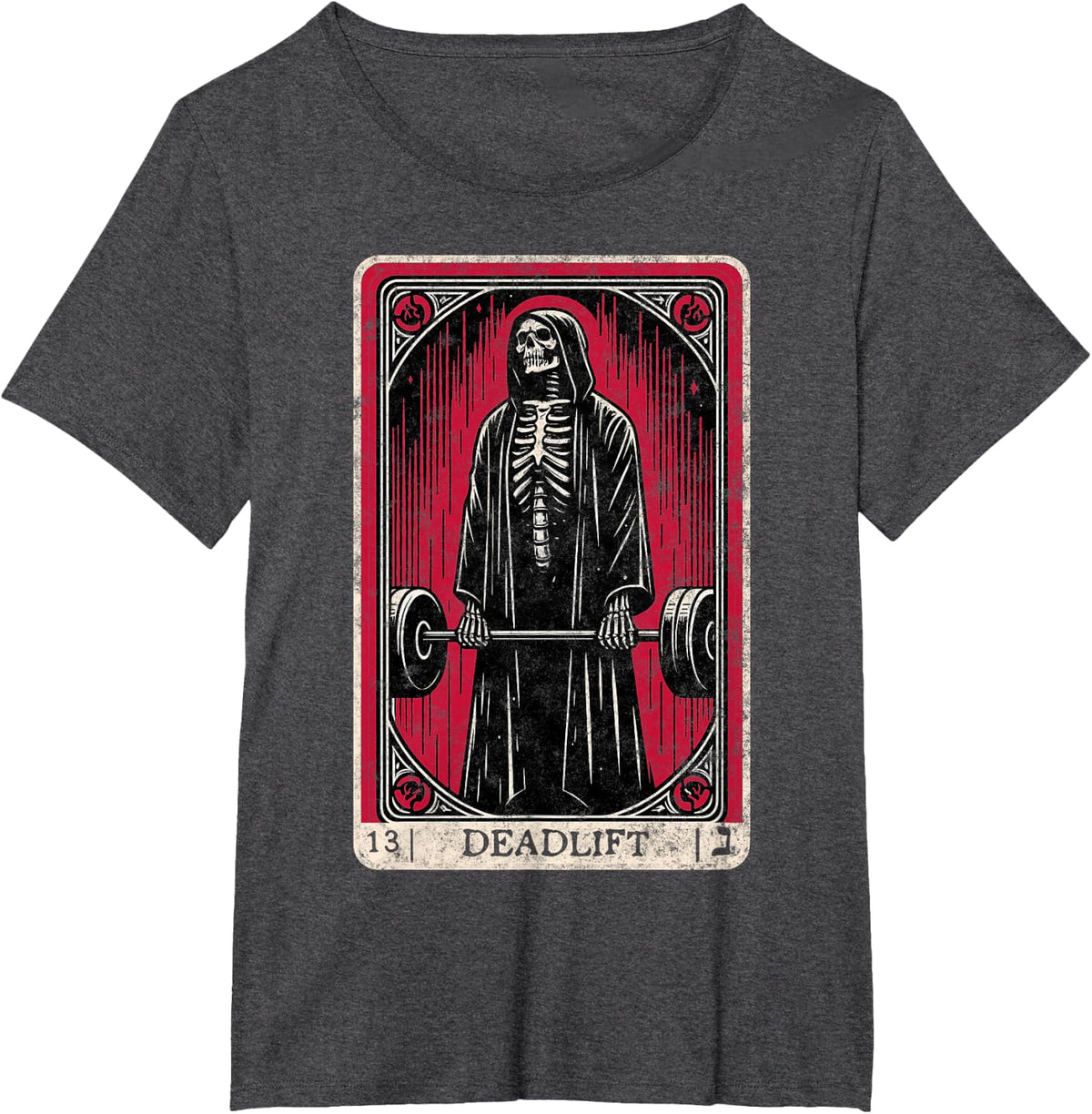 Vintage Deadlift Skeleton Halloween Gym Jokes Weightlifting T-Shirt - Dark Heather Grey