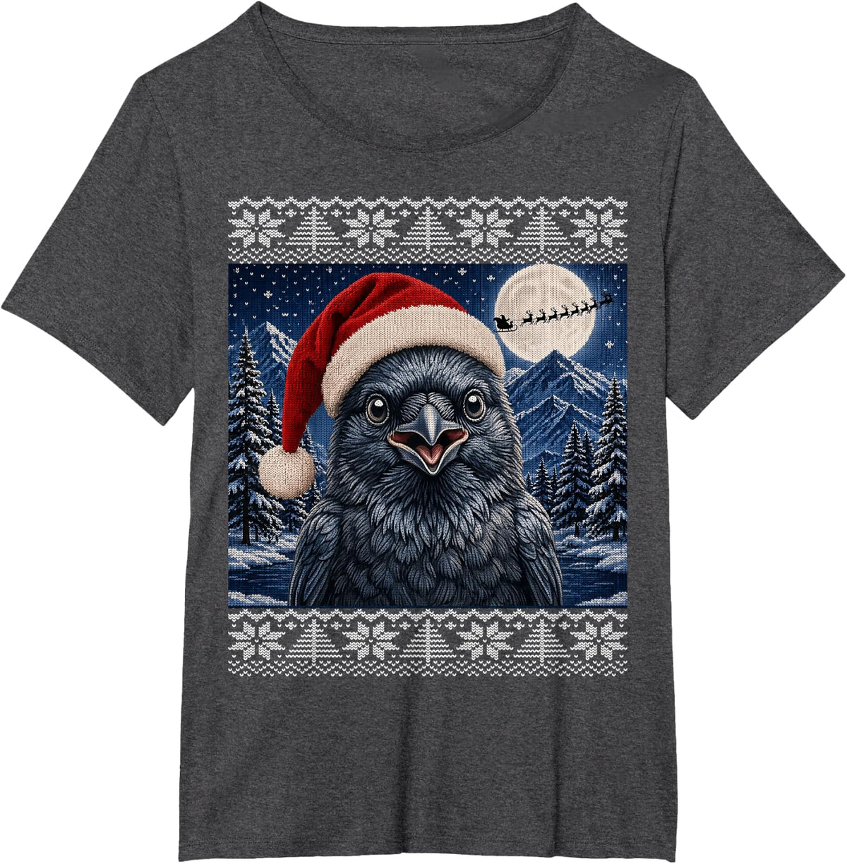 Raven Bird Santa Ugly Christmas T-Shirt - Dark Heather Grey