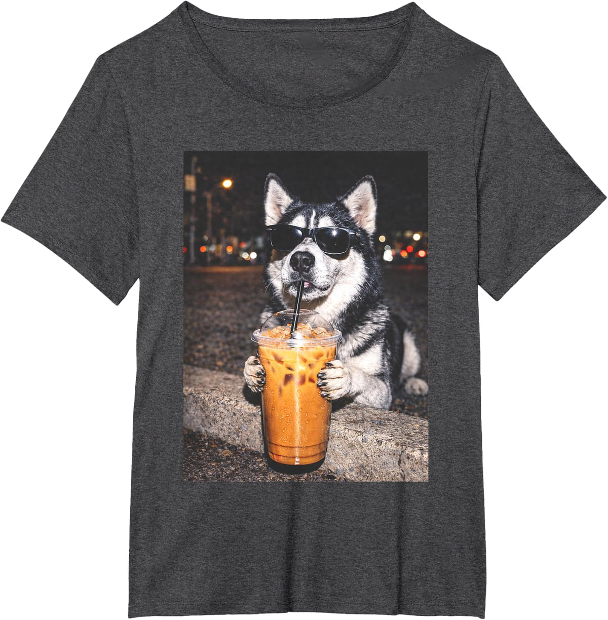 Funny Coffee Shirts for Women Men Siberian Husky Drinking Iced Coffee Meme Tees T Shirts - Dark Heather Grey