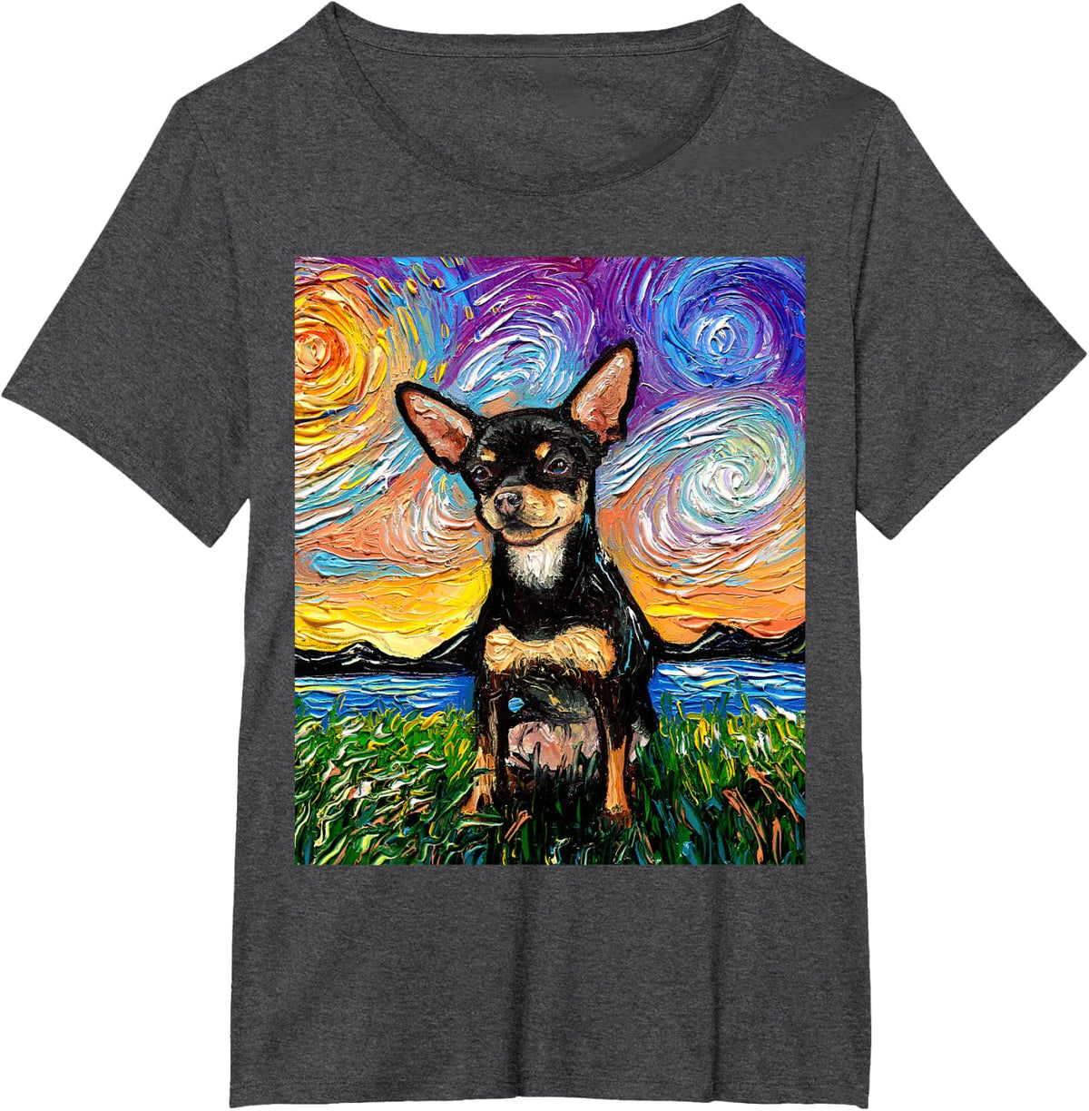 Black and Tan Smooth Chihuahua Starry Night Dog Artwork T-Shirt - Dark Heather Grey