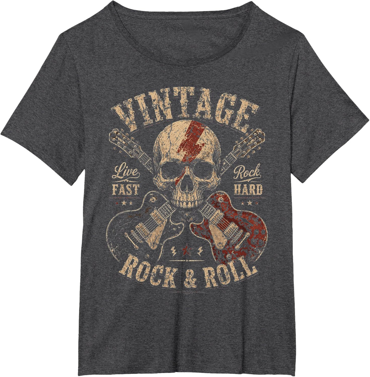 Vintage Rock and Roll Skull Guitarist American Flag Guitar T-Shirt - Dark Heather Grey