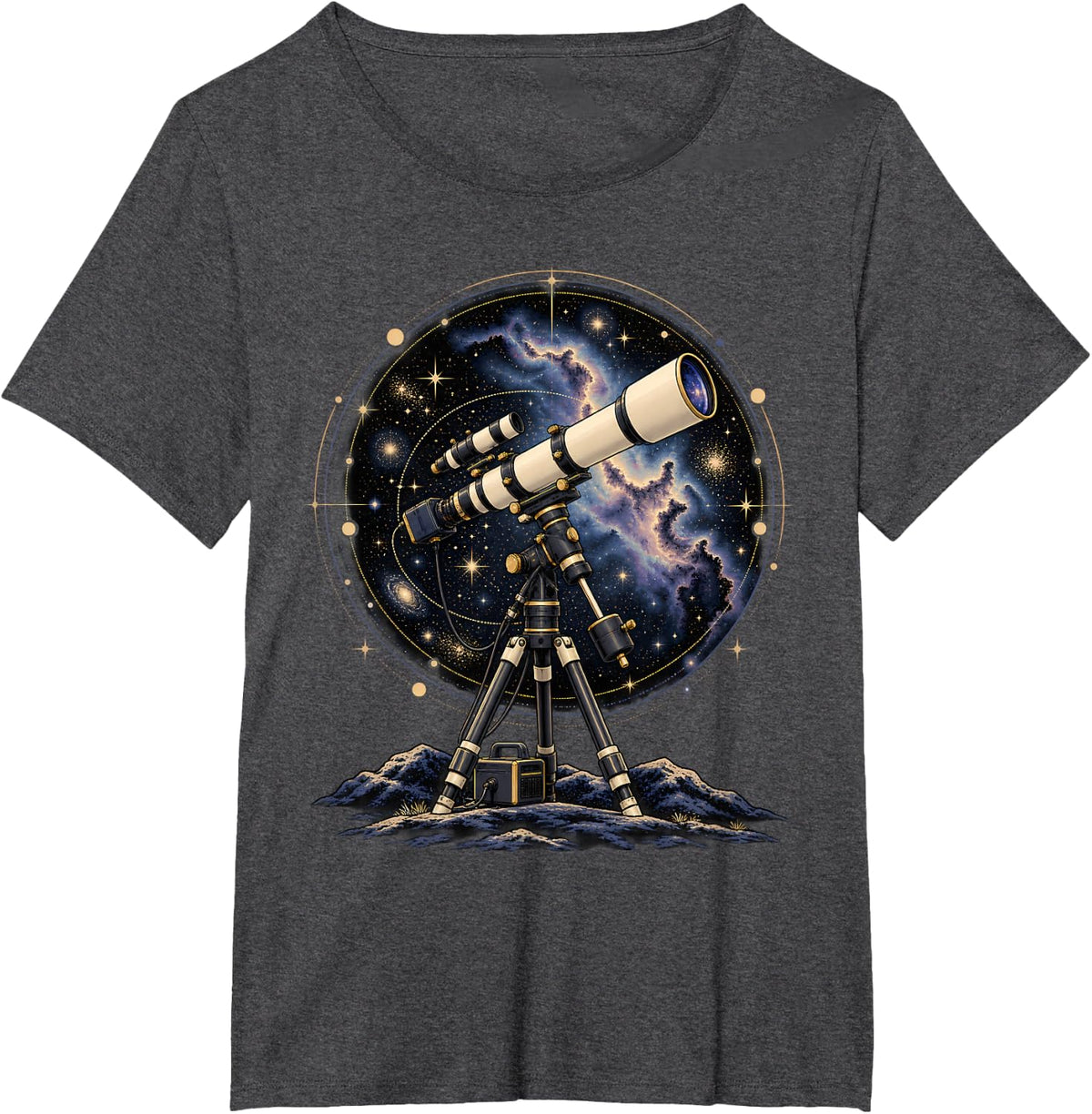 Telescope Galaxy Nebula Circle Astronomy Space Art T-Shirt - Dark Heather Grey