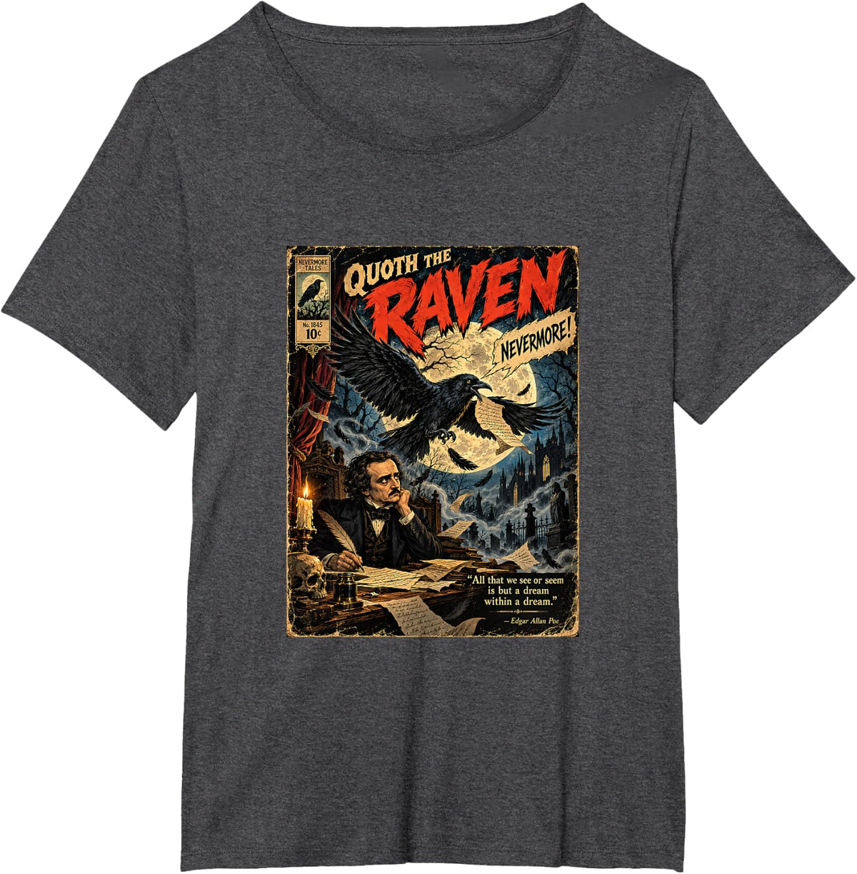 Gothic Raven Classic Poetry Dark Literature Graphic T-Shirt - Dark Heather Grey