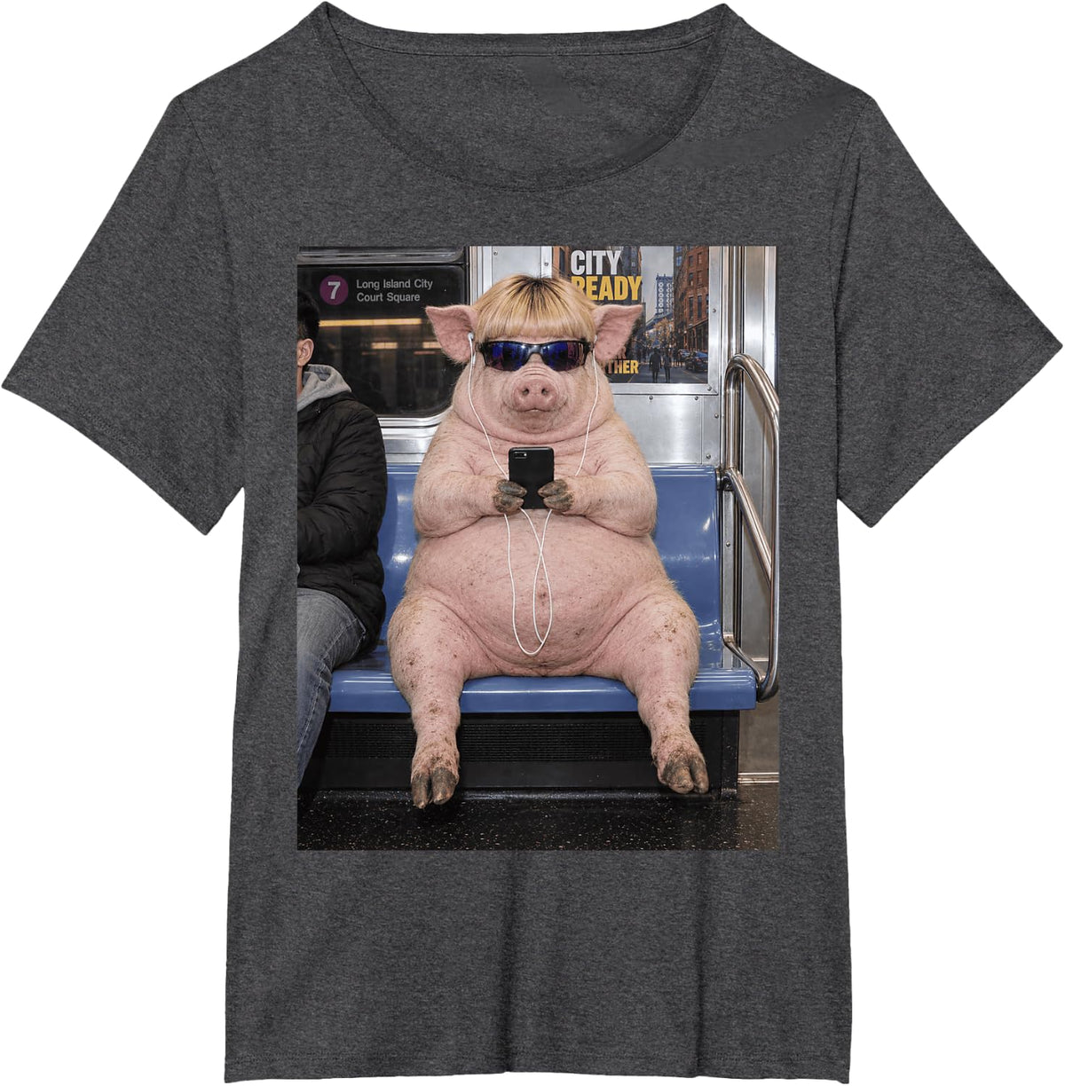 Funny Pig Subway Commuter Metro Train Humor T-Shirt - Dark Heather Grey
