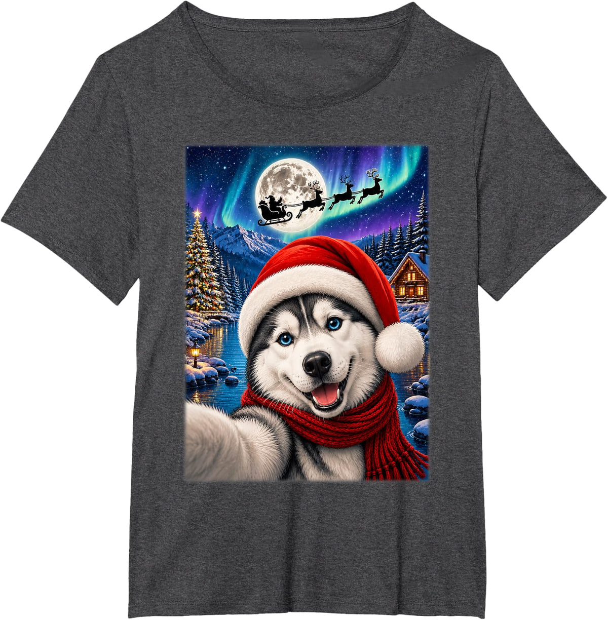 Siberian Husky Dog Christmas Moon Night Santa Sleigh Xmas T-Shirt - Dark Heather Grey
