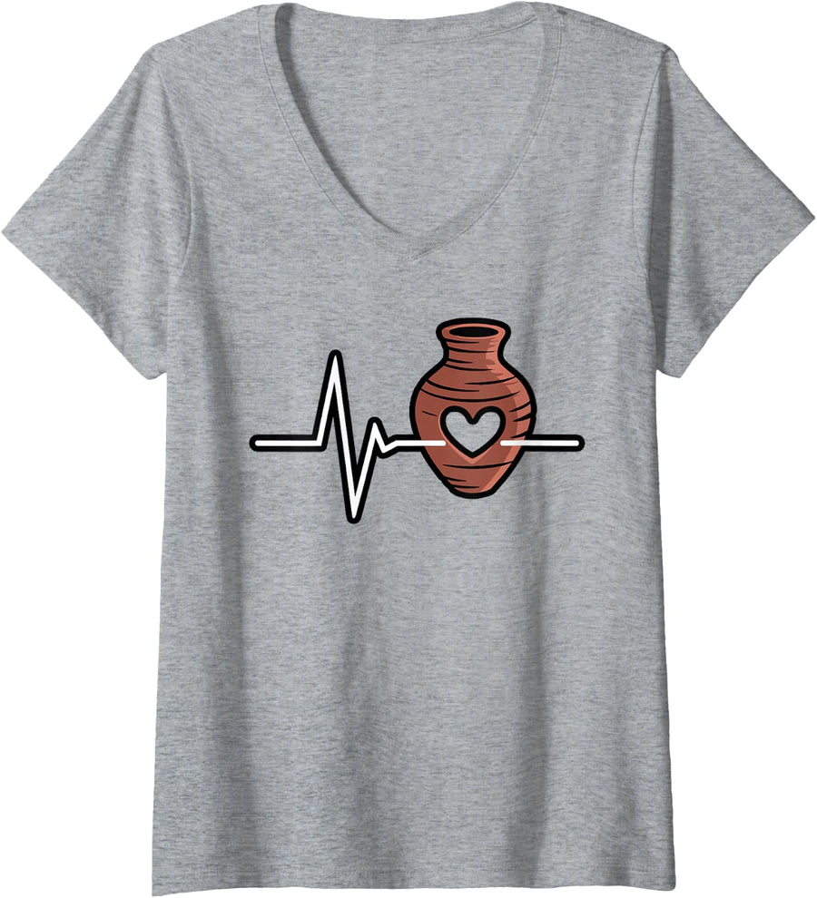Women's Pottery Heartbeat with Clay Wheel Line Art V-Neck T-Shirt - Heather Grey