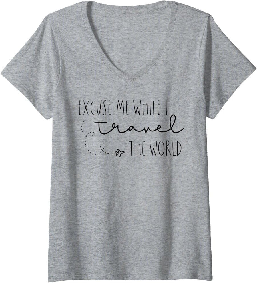 Womens Excuse Me While I Travel The World V-Neck T-Shirt - Heather Grey