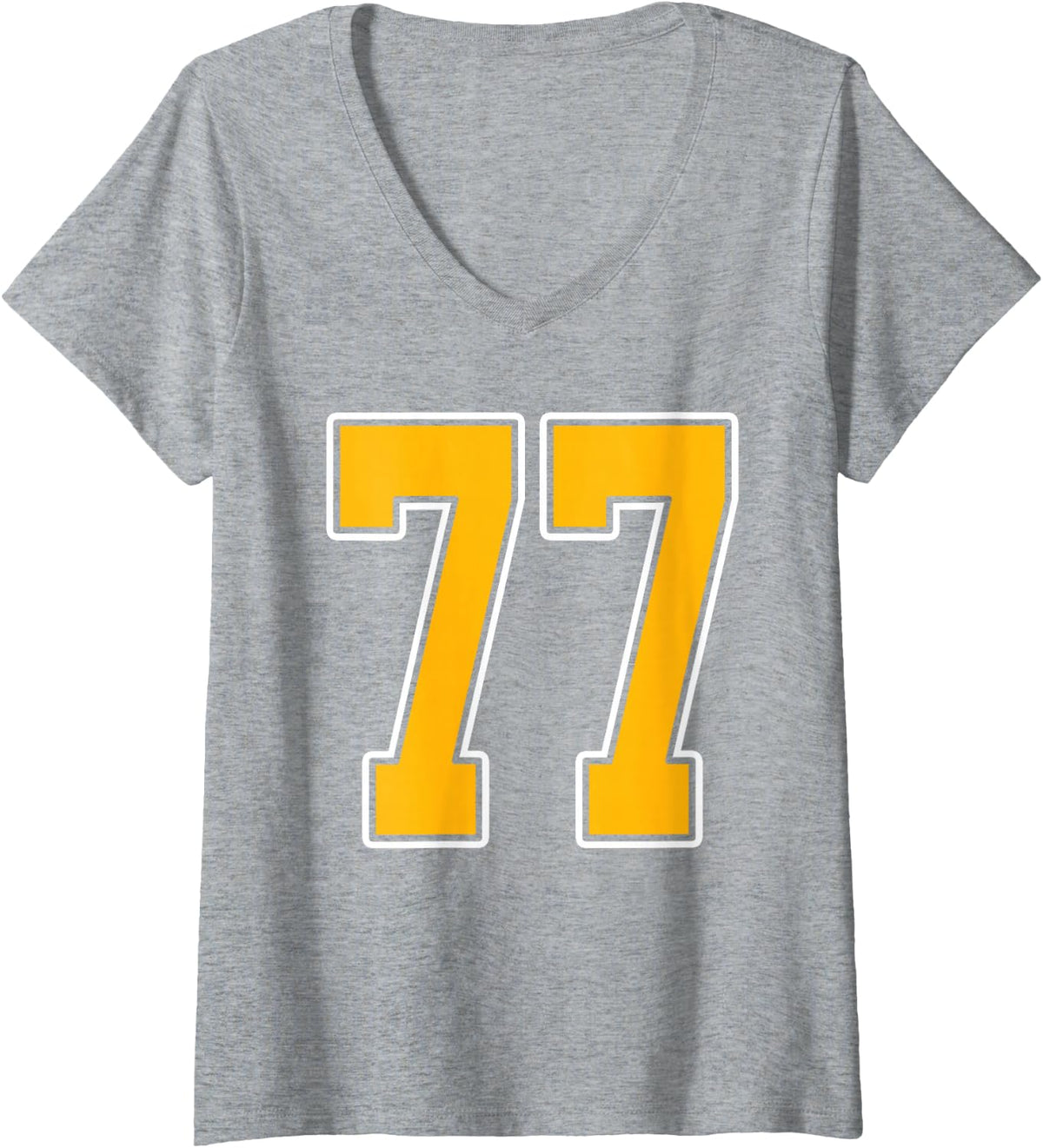 Womens Gold and White Sports Number 77 Jersey Uniform Player V-Neck T-Shirt - Heather Grey